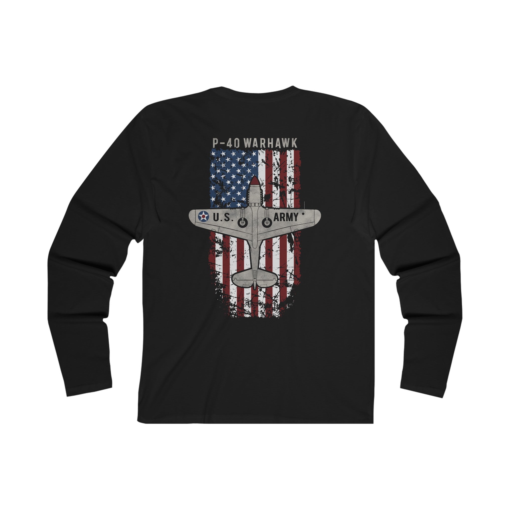 AMERICAN ICON P-40 MEN'S LONG SLEEVE CREW TEE - FRONT LEFT VERTICAL, LARGE BACK IMAGE