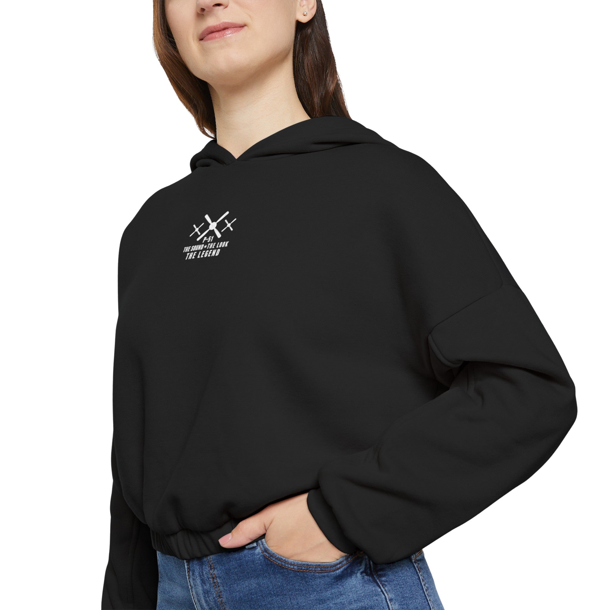 WOMEN'S MUSTANG LEGEND CROPPED CINCHED BOTTOM HOODIE - S CENTER CHEST, LARGE BACK LOGO