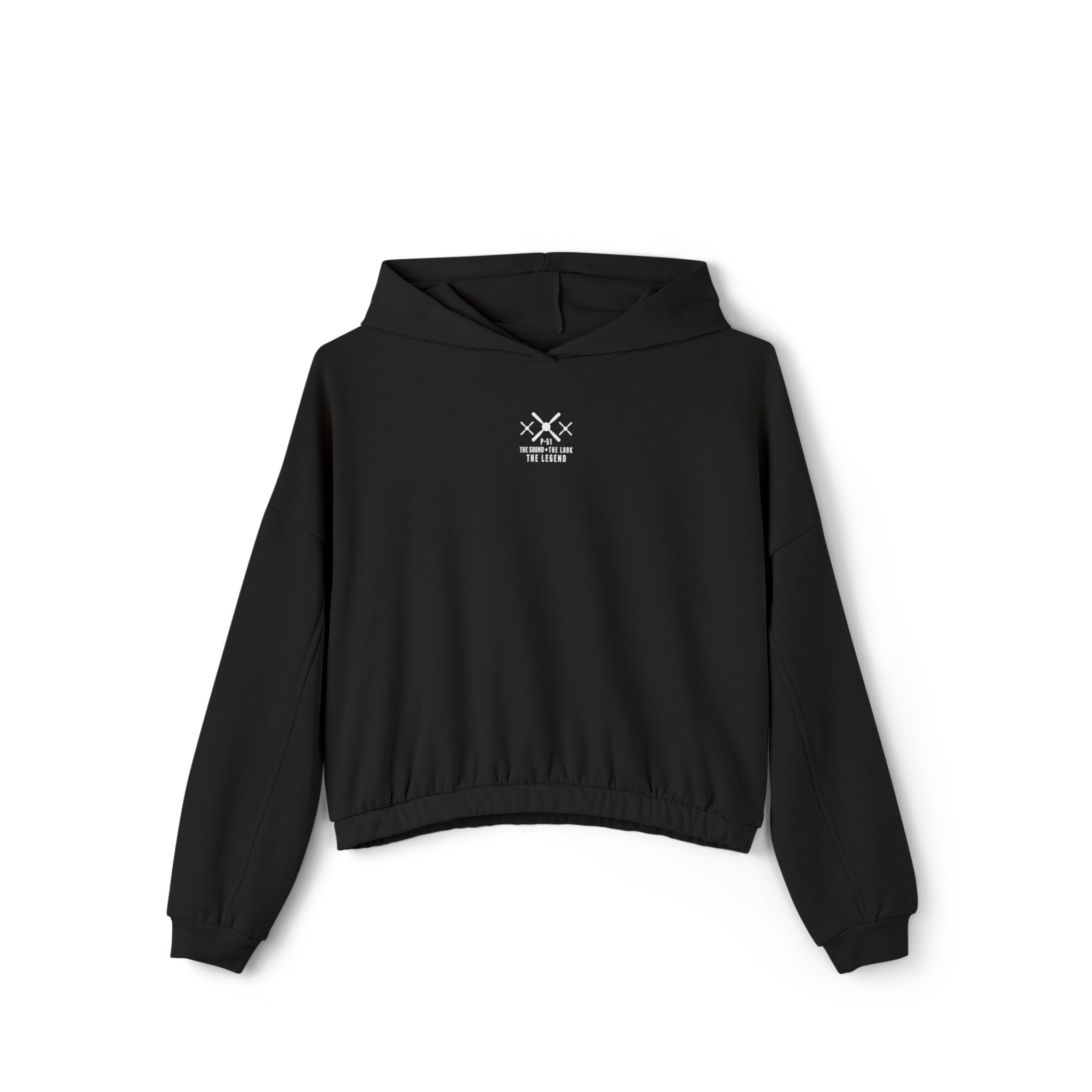 WOMEN'S MUSTANG LEGEND CROPPED CINCHED BOTTOM HOODIE - S CENTER CHEST, LARGE BACK LOGO