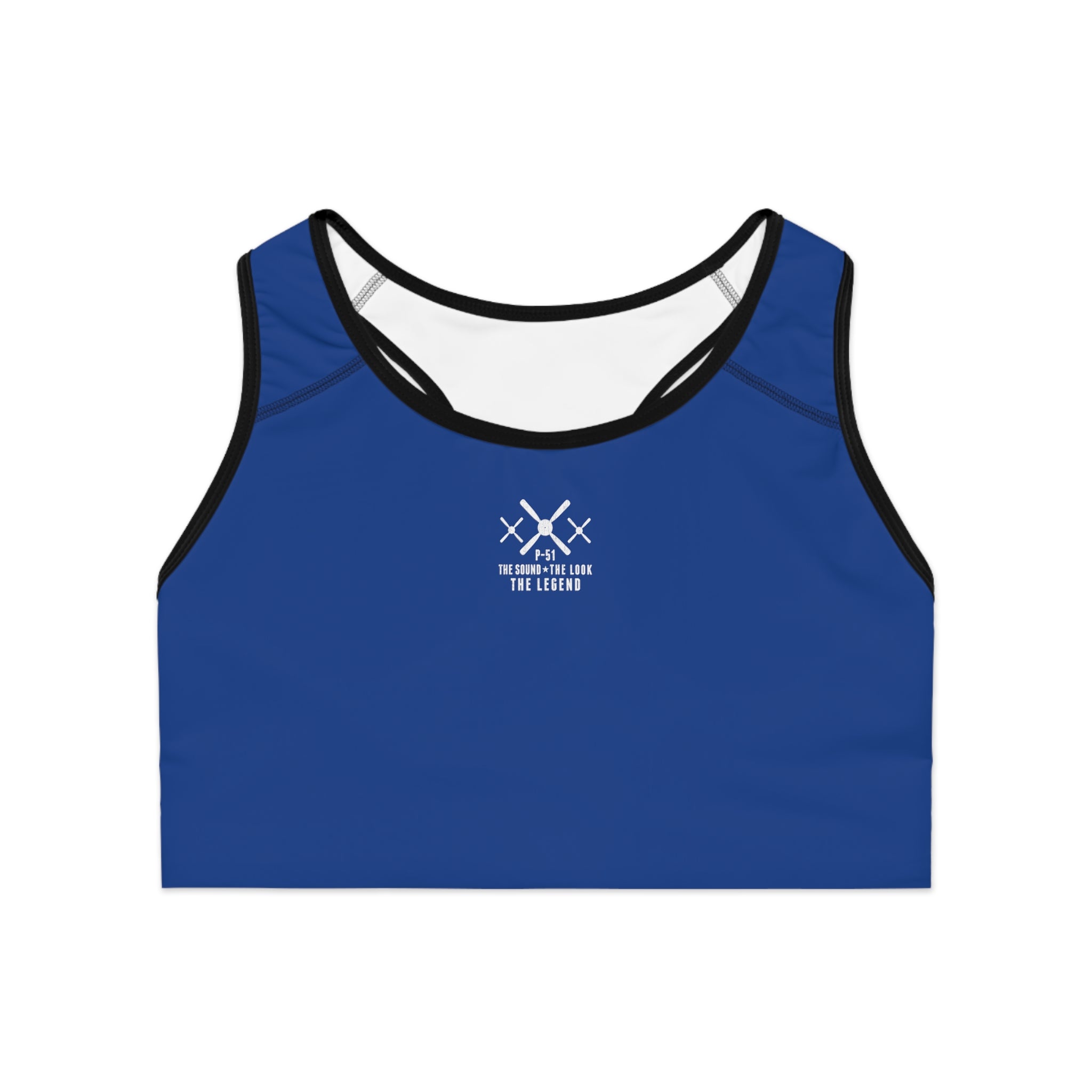 WOMEN'S MUSTANG LEGEND SPORTS BRA - S CENTER CHEST, DARK BLUE COLOR