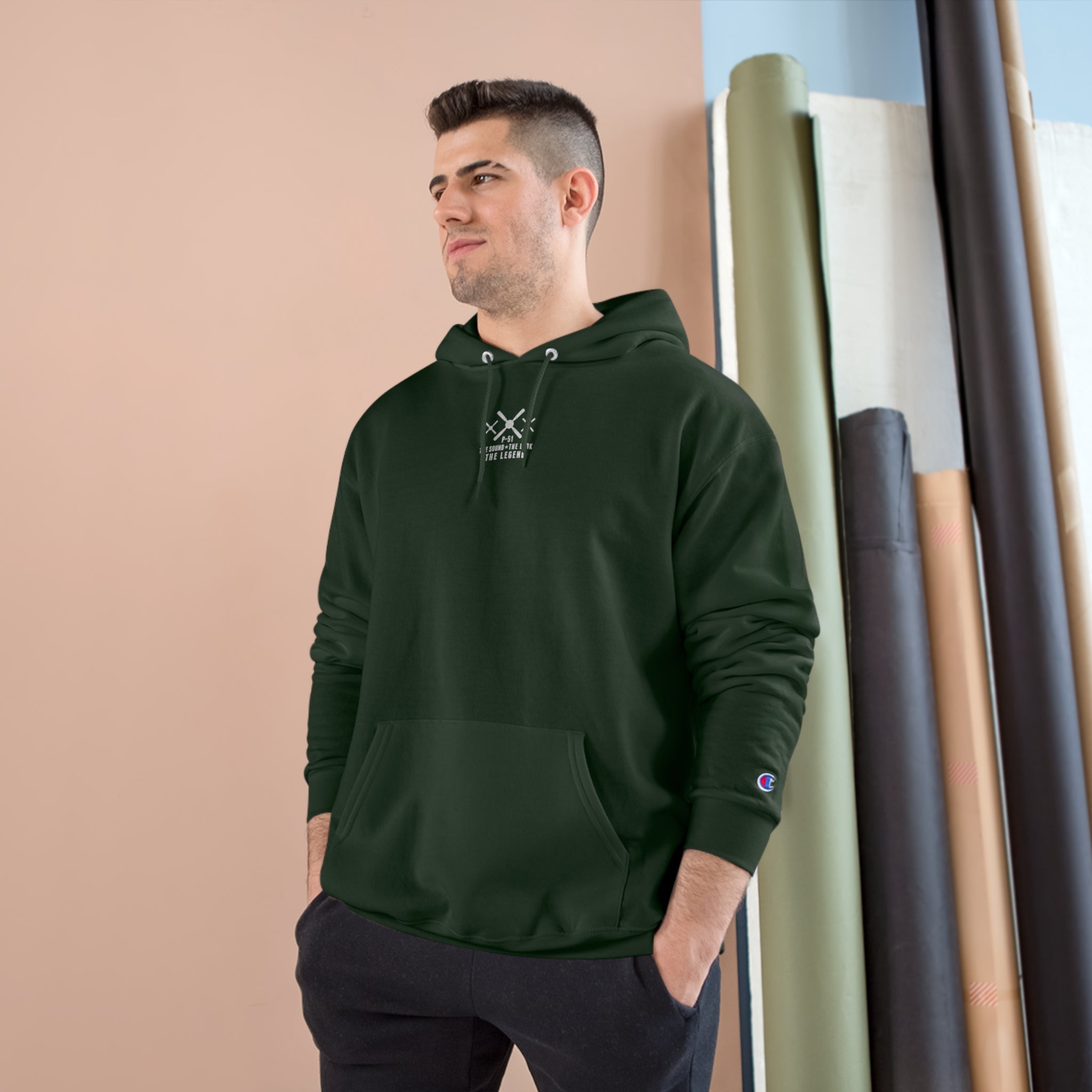 MUSTANG LEGEND CHAMPION HOODIE - S CENTER CHEST, LARGE BACK LOGO