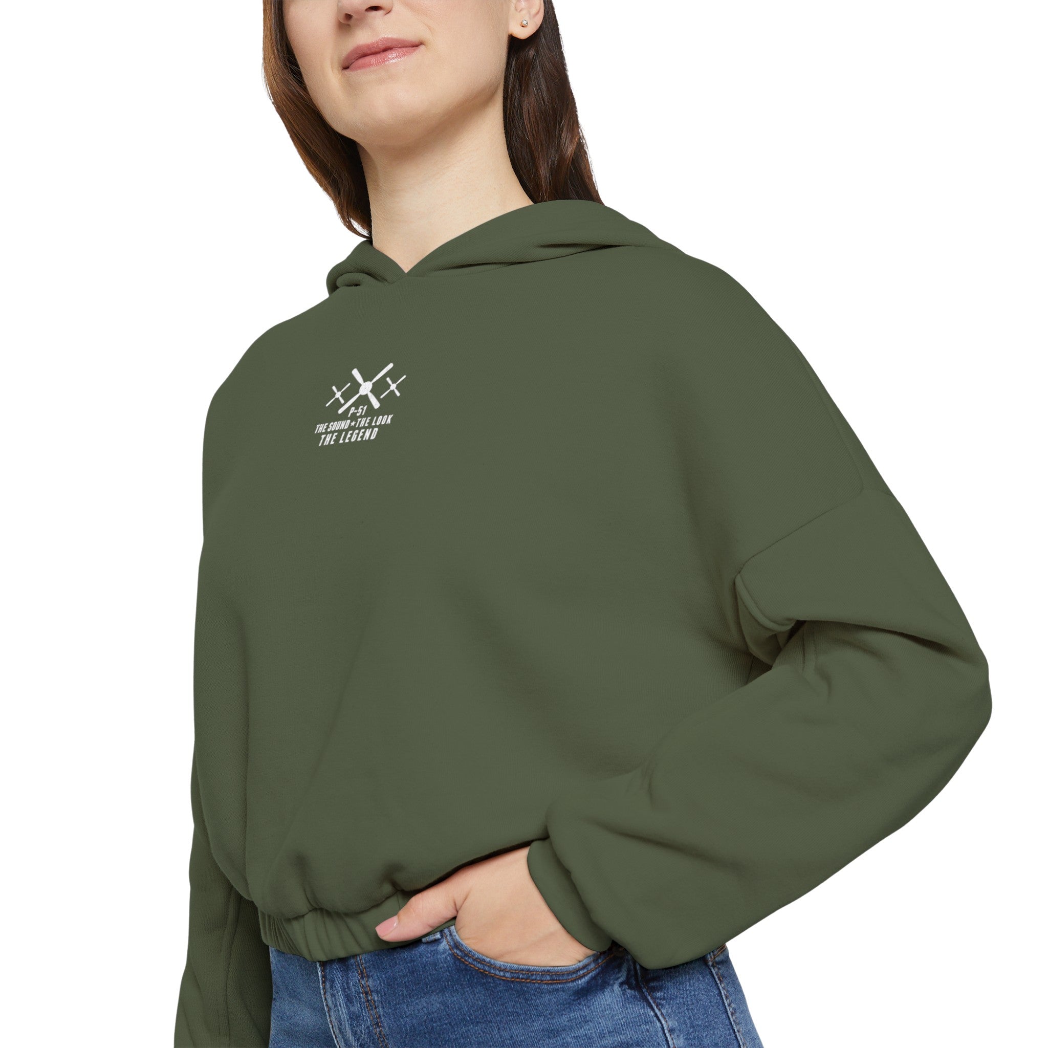 WOMEN'S MUSTANG LEGEND CROPPED CINCHED BOTTOM HOODIE - S CENTER CHEST, LARGE BACK LOGO