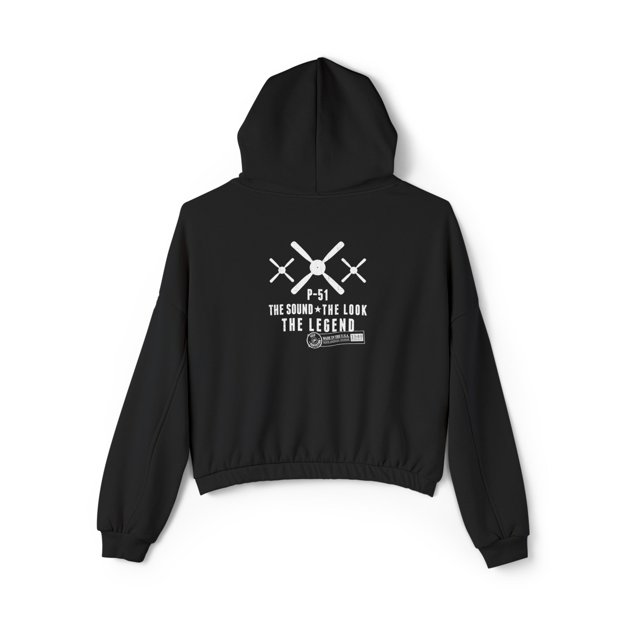WOMEN'S MUSTANG LEGEND CROPPED CINCHED BOTTOM HOODIE - S CENTER CHEST, LARGE BACK LOGO