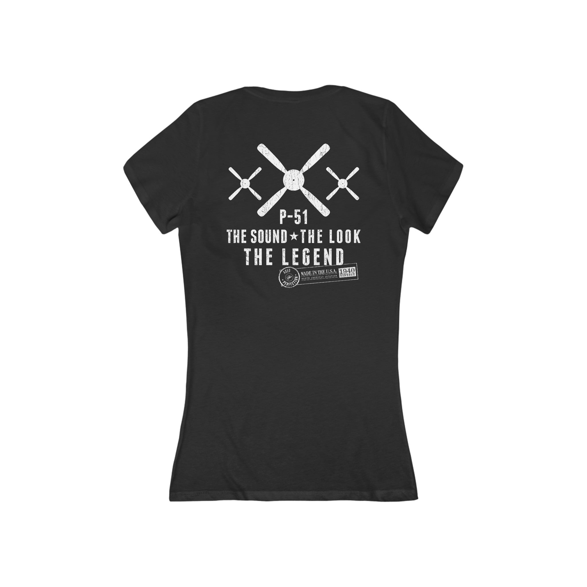WOMEN'S P-51 LEGEND JERSEY SHORT SLEEVE DEEP V-NECK TEE - S CENTER CHEST, LARGE BACK IMAGE