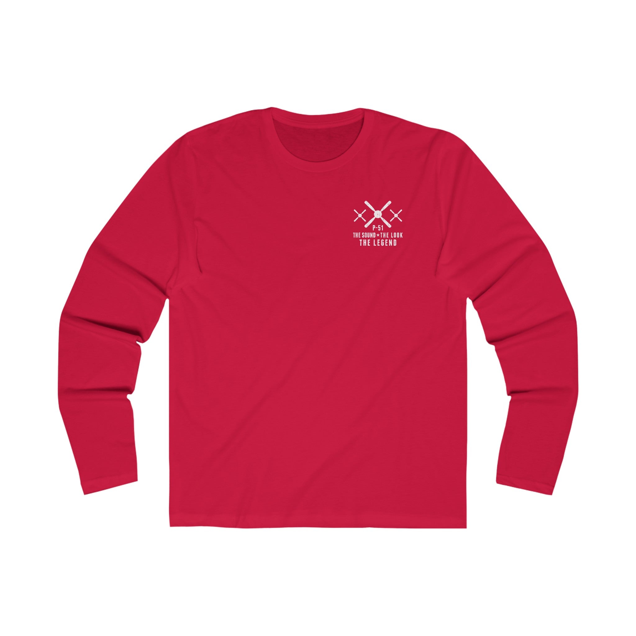 P-51 MUSTANG LEGEND MEN'S LONG SLEEVE CREW TEE - S LEFT CHEST, LARGE BACK IMAGE