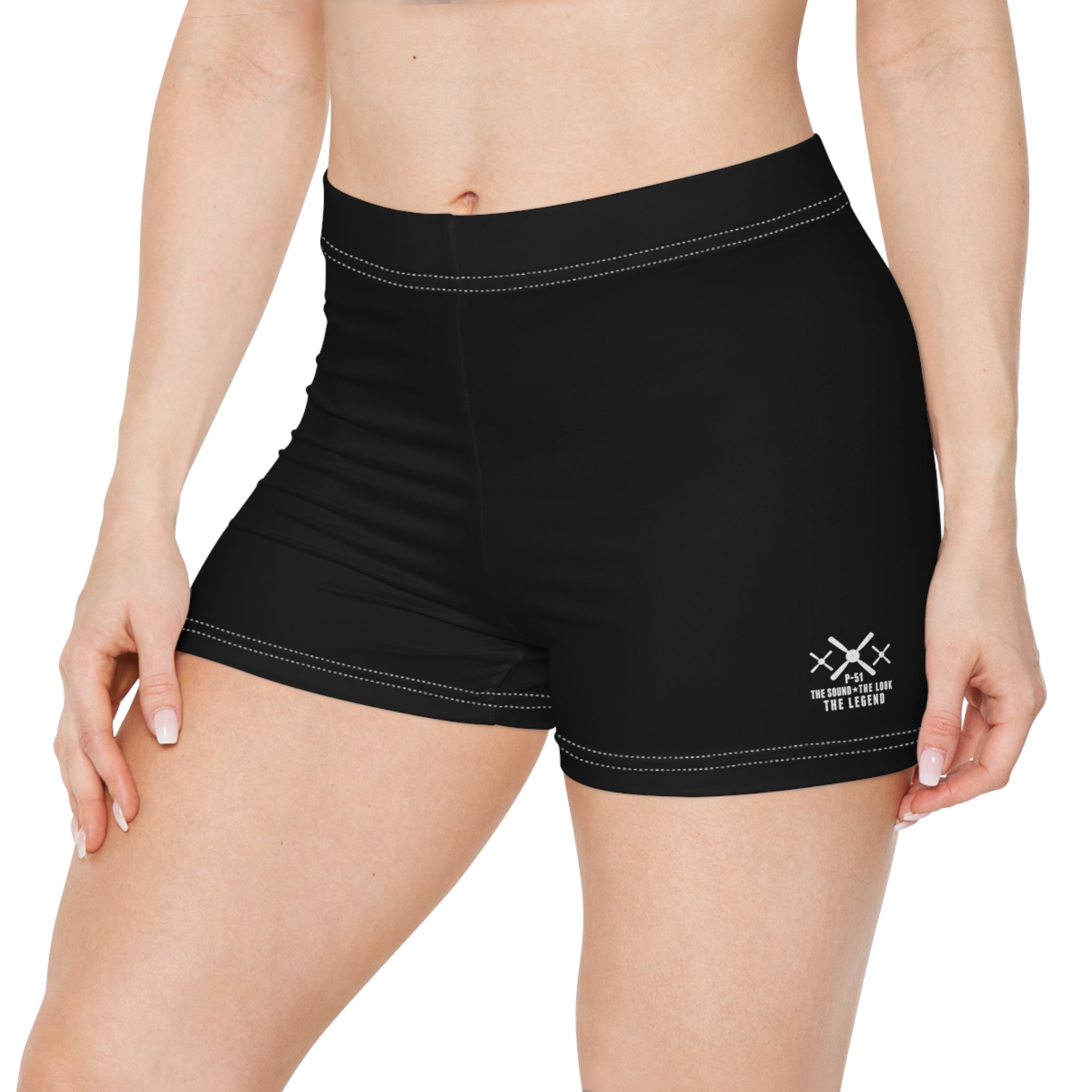 WOMEN'S MUSTANG LEGEND FITNESS SHORTS - S BOTTOM LEFT LEG , BLACK COLOR
