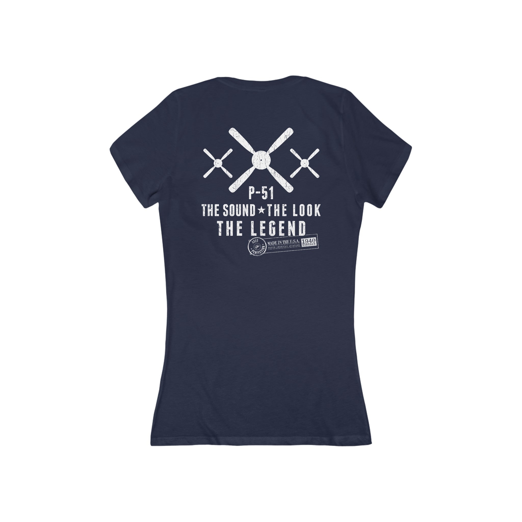 WOMEN'S P-51 LEGEND JERSEY SHORT SLEEVE DEEP V-NECK TEE - S CENTER CHEST, LARGE BACK IMAGE