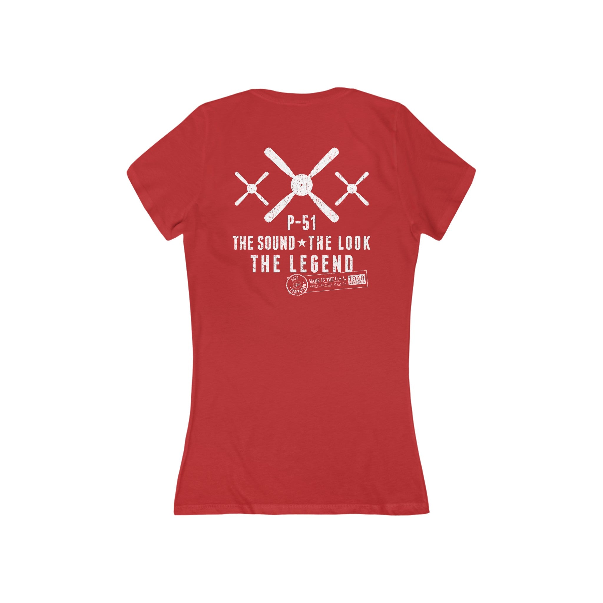 WOMEN'S P-51 LEGEND JERSEY SHORT SLEEVE DEEP V-NECK TEE - S CENTER CHEST, LARGE BACK IMAGE