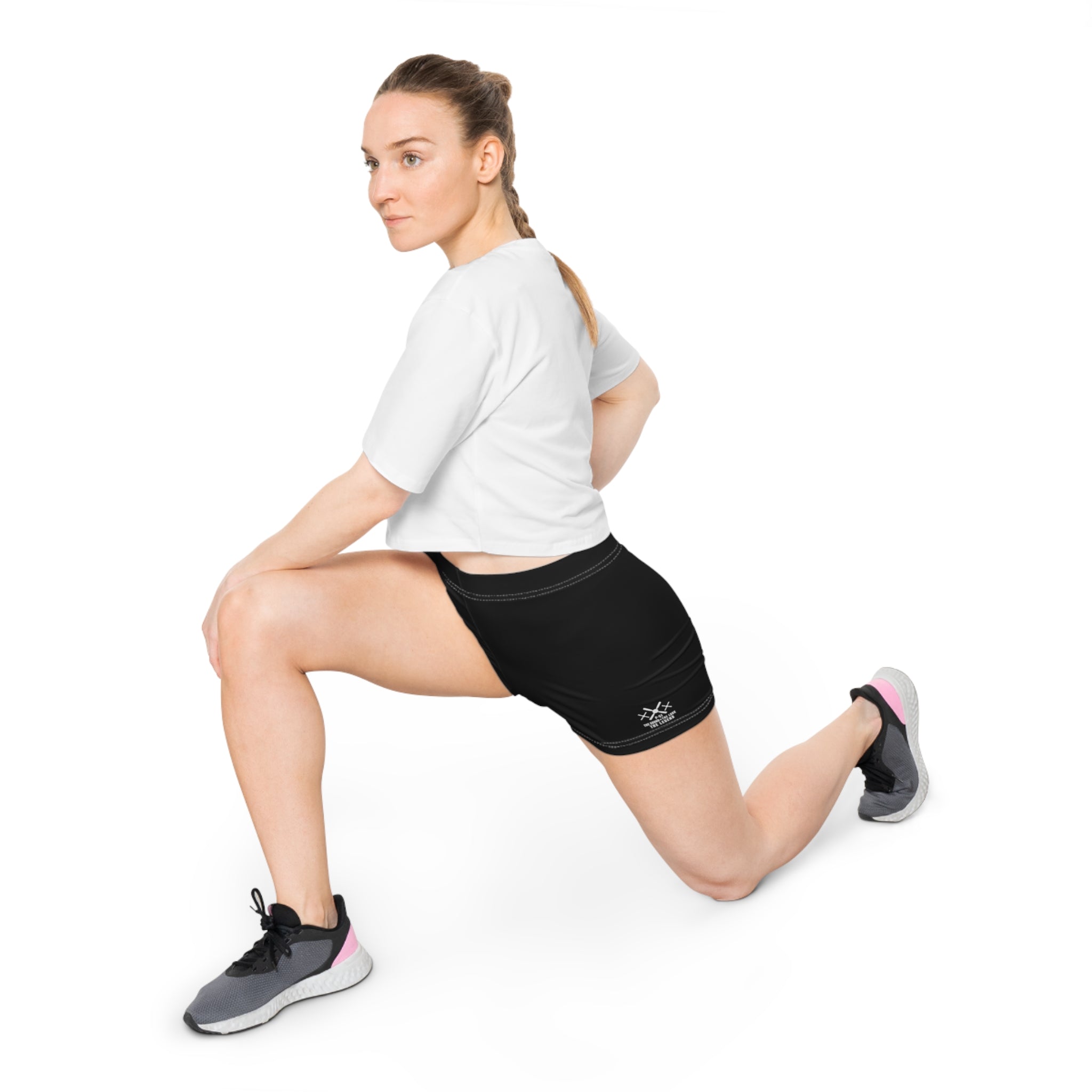 WOMEN'S MUSTANG LEGEND FITNESS SHORTS - S BOTTOM LEFT LEG , BLACK COLOR