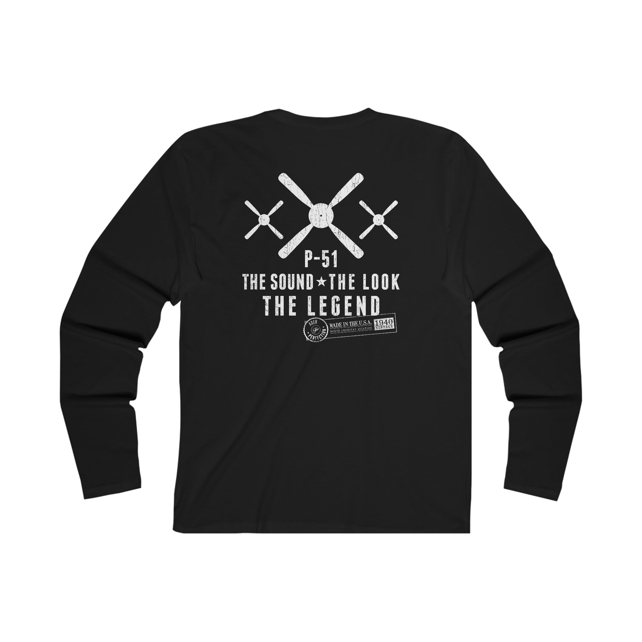 P-51 MUSTANG LEGEND MEN'S LONG SLEEVE CREW TEE - S CENTER CHEST, LARGE BACK IMAGE
