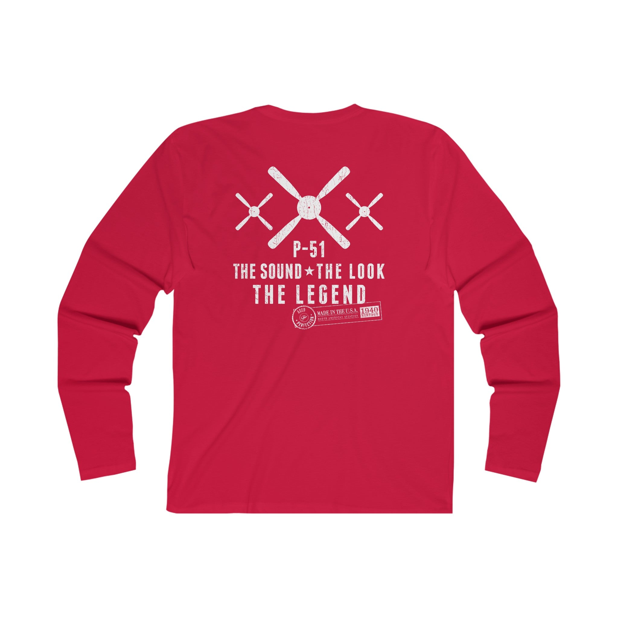 P-51 MUSTANG LEGEND MEN'S LONG SLEEVE CREW TEE - S CENTER CHEST, LARGE BACK IMAGE