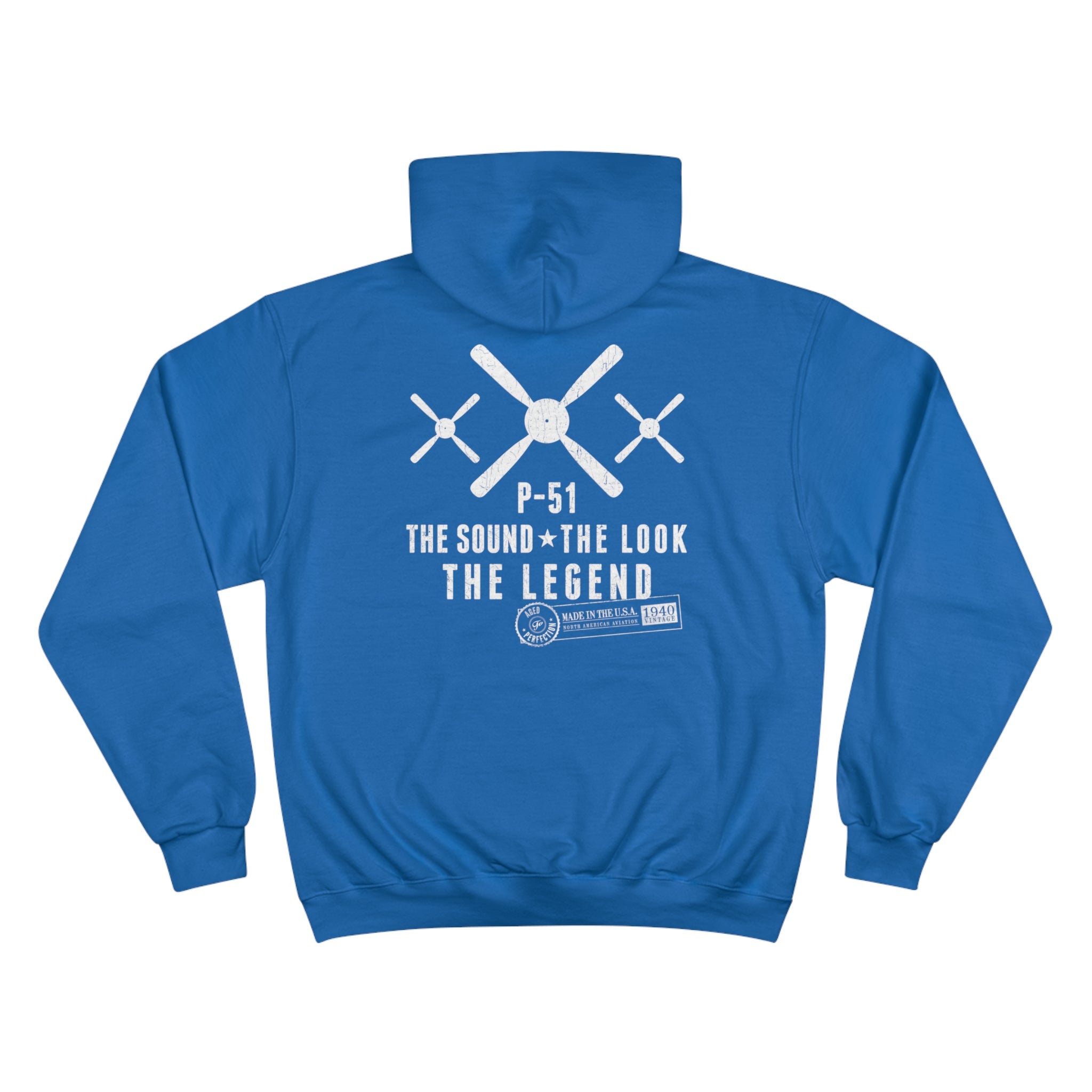 MUSTANG LEGEND CHAMPION HOODIE - S CENTER CHEST, LARGE BACK LOGO