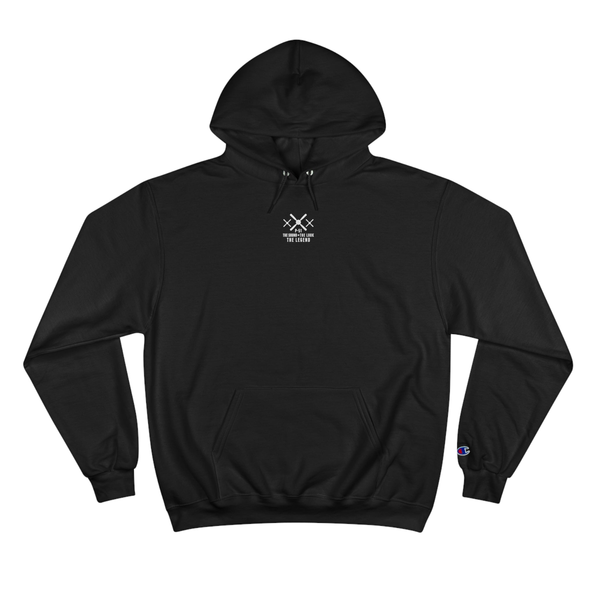 MUSTANG LEGEND CHAMPION HOODIE - S CENTER CHEST, LARGE BACK LOGO