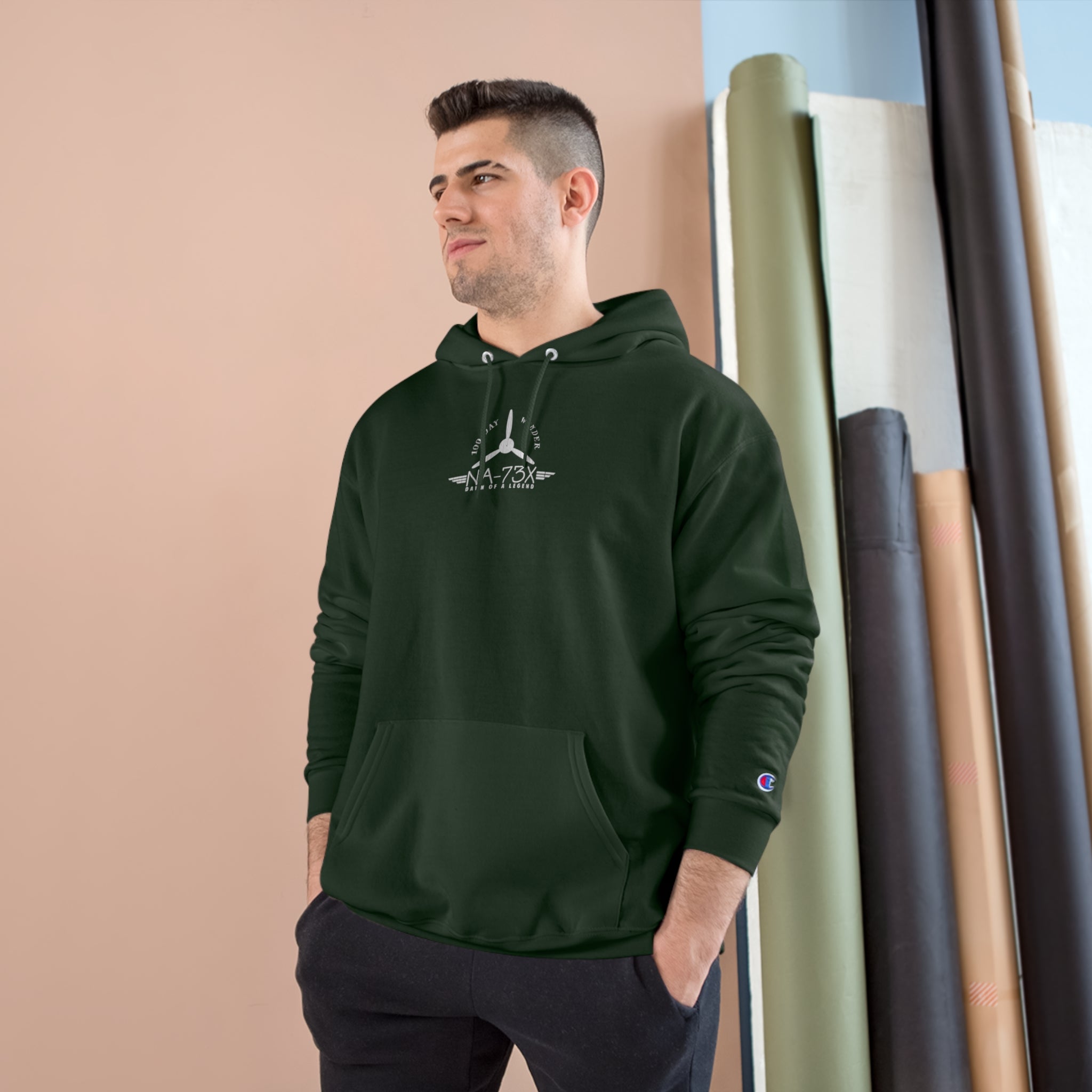 100 DAY WONDER CHAMPION HOODIE - S CENTER CHEST, LARGE BACK LOGO