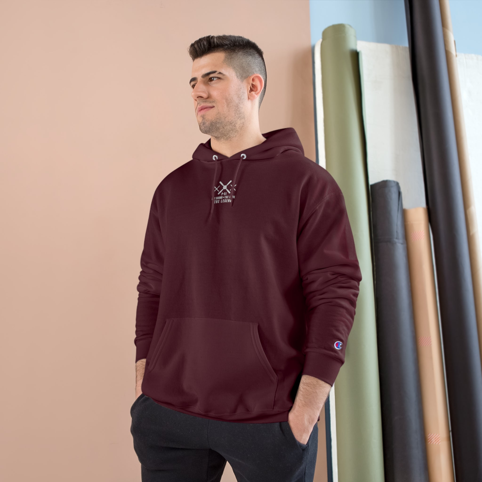 MUSTANG LEGEND CHAMPION HOODIE - S CENTER CHEST, LARGE BACK LOGO
