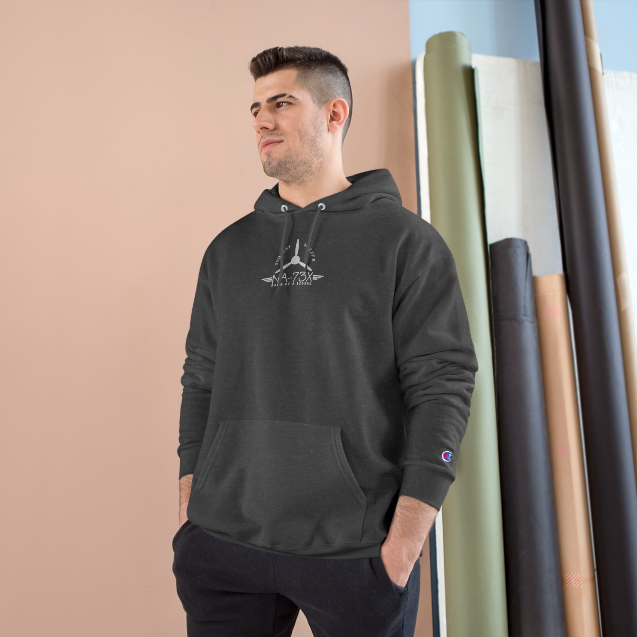 100 DAY WONDER CHAMPION HOODIE - S CENTER CHEST, LARGE BACK LOGO