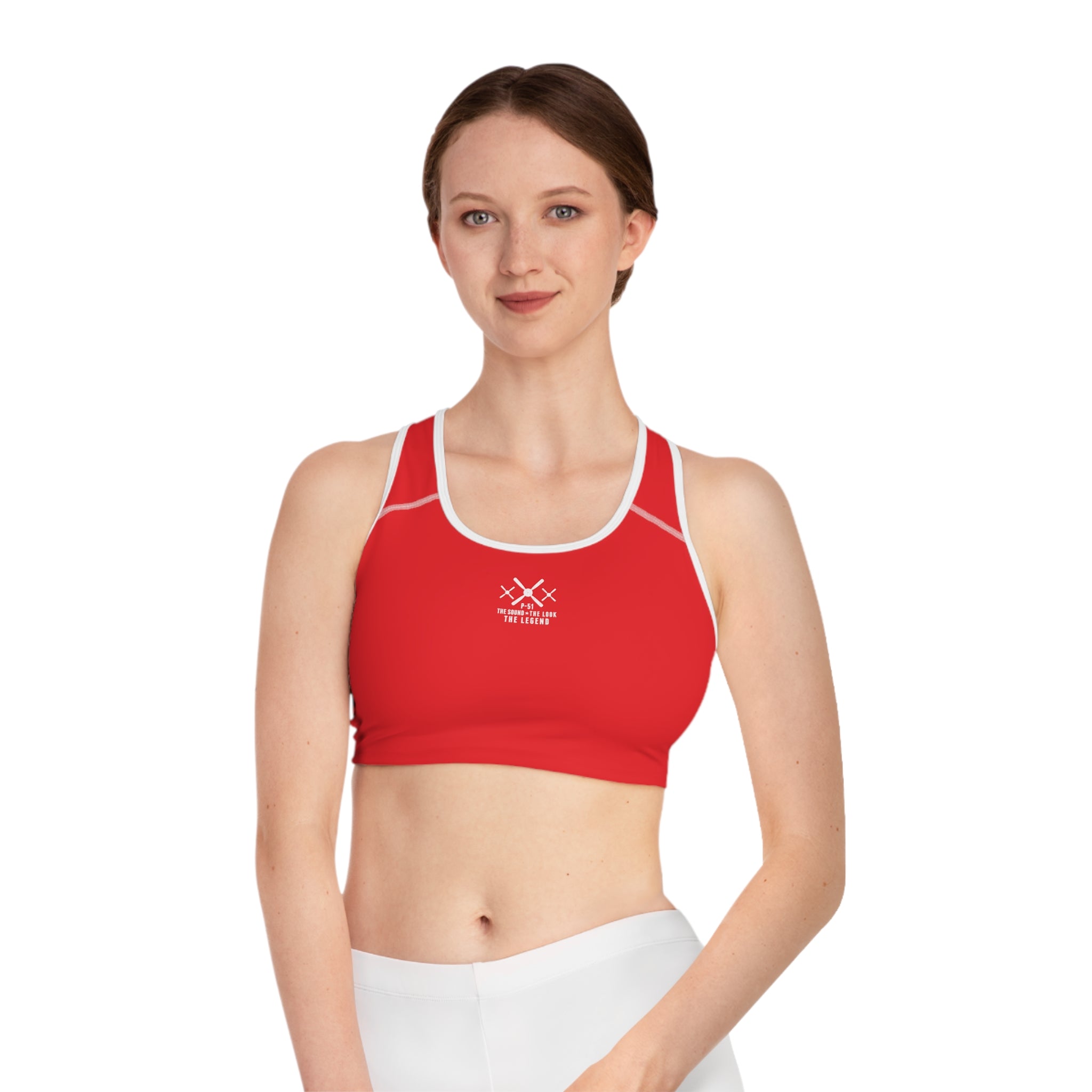 WOMEN'S MUSTANG LEGEND SPORTS BRA - S CENTER CHEST, RED COLOR