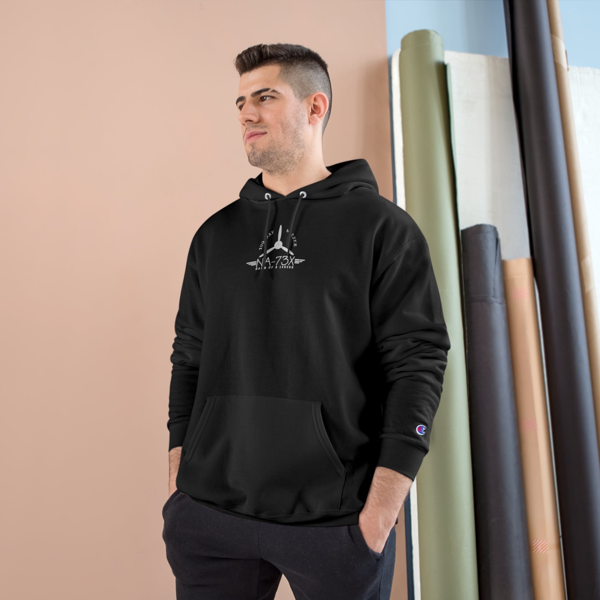 100 DAY WONDER CHAMPION HOODIE - S CENTER CHEST, LARGE BACK LOGO