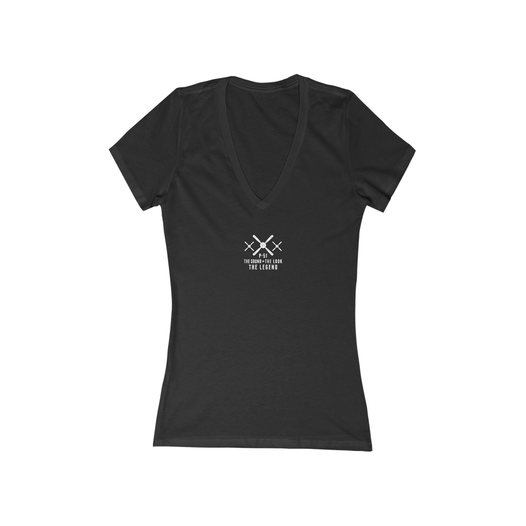 WOMEN'S P-51 LEGEND JERSEY SHORT SLEEVE DEEP V-NECK TEE - S CENTER CHEST, LARGE BACK IMAGE