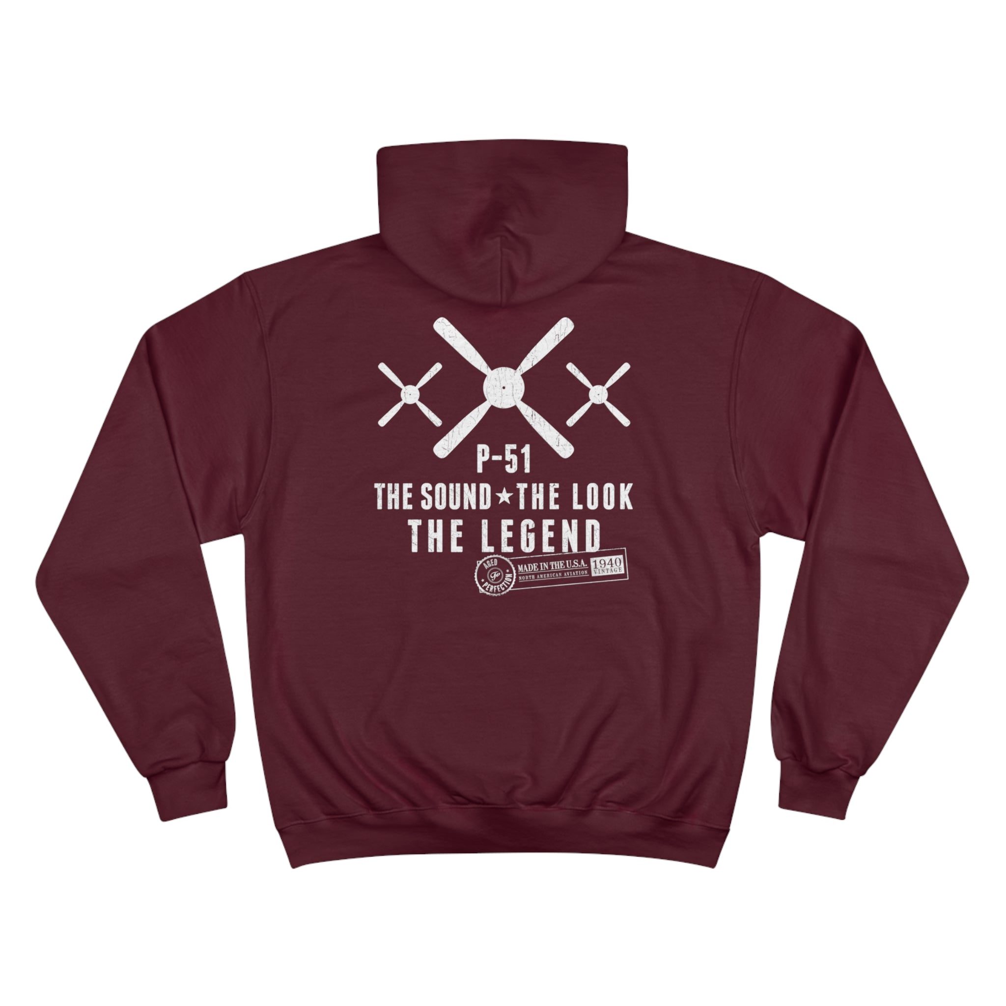 MUSTANG LEGEND CHAMPION HOODIE - S CENTER CHEST, LARGE BACK LOGO