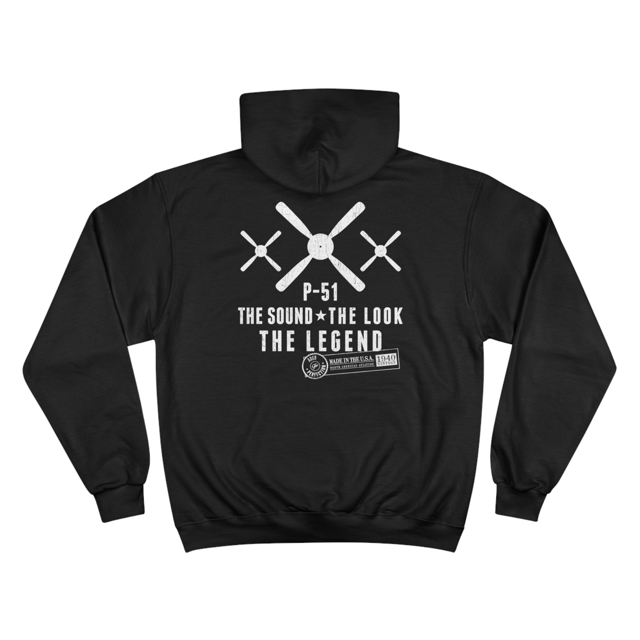 MUSTANG LEGEND CHAMPION HOODIE - S CENTER CHEST, LARGE BACK LOGO