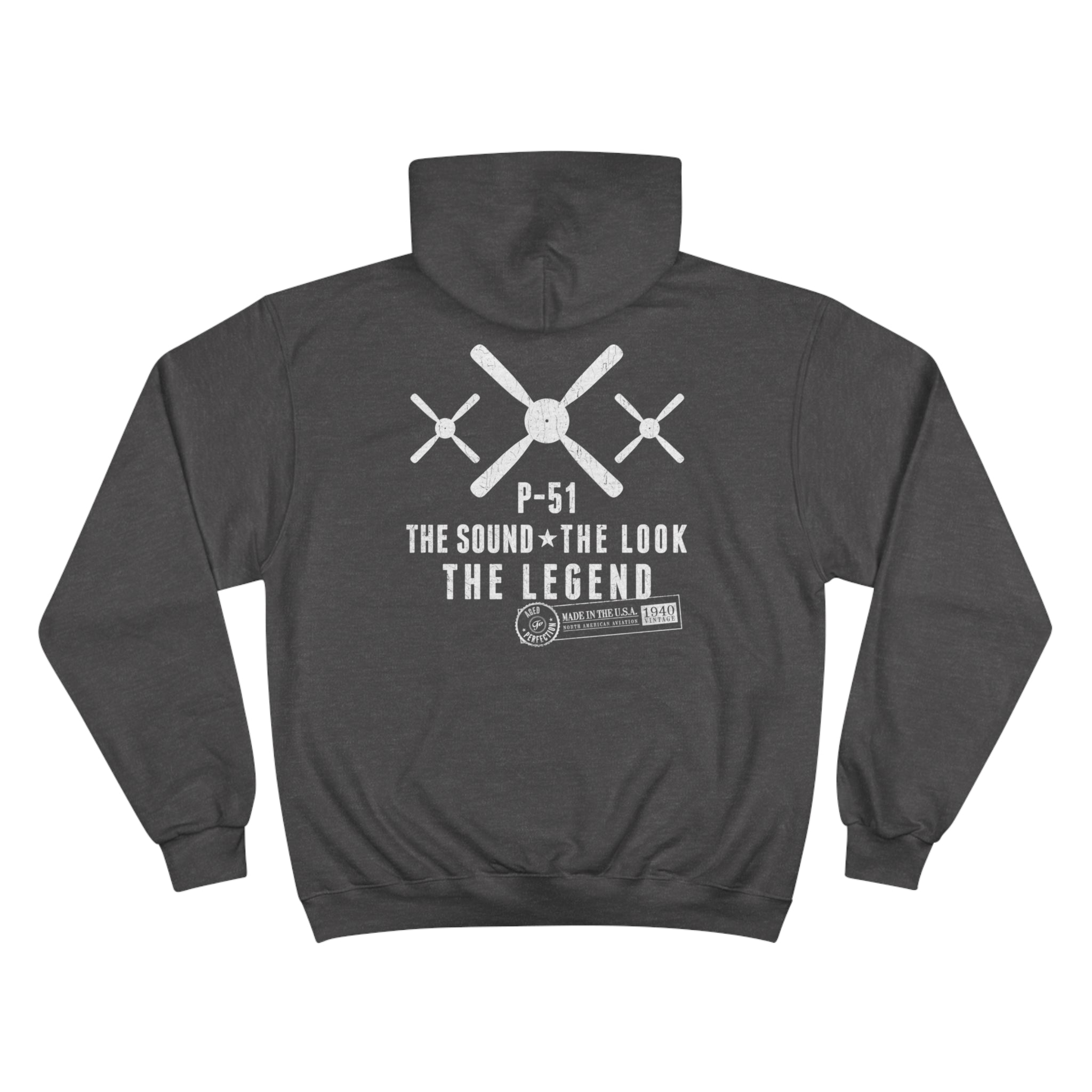 MUSTANG LEGEND CHAMPION HOODIE - S CENTER CHEST, LARGE BACK LOGO