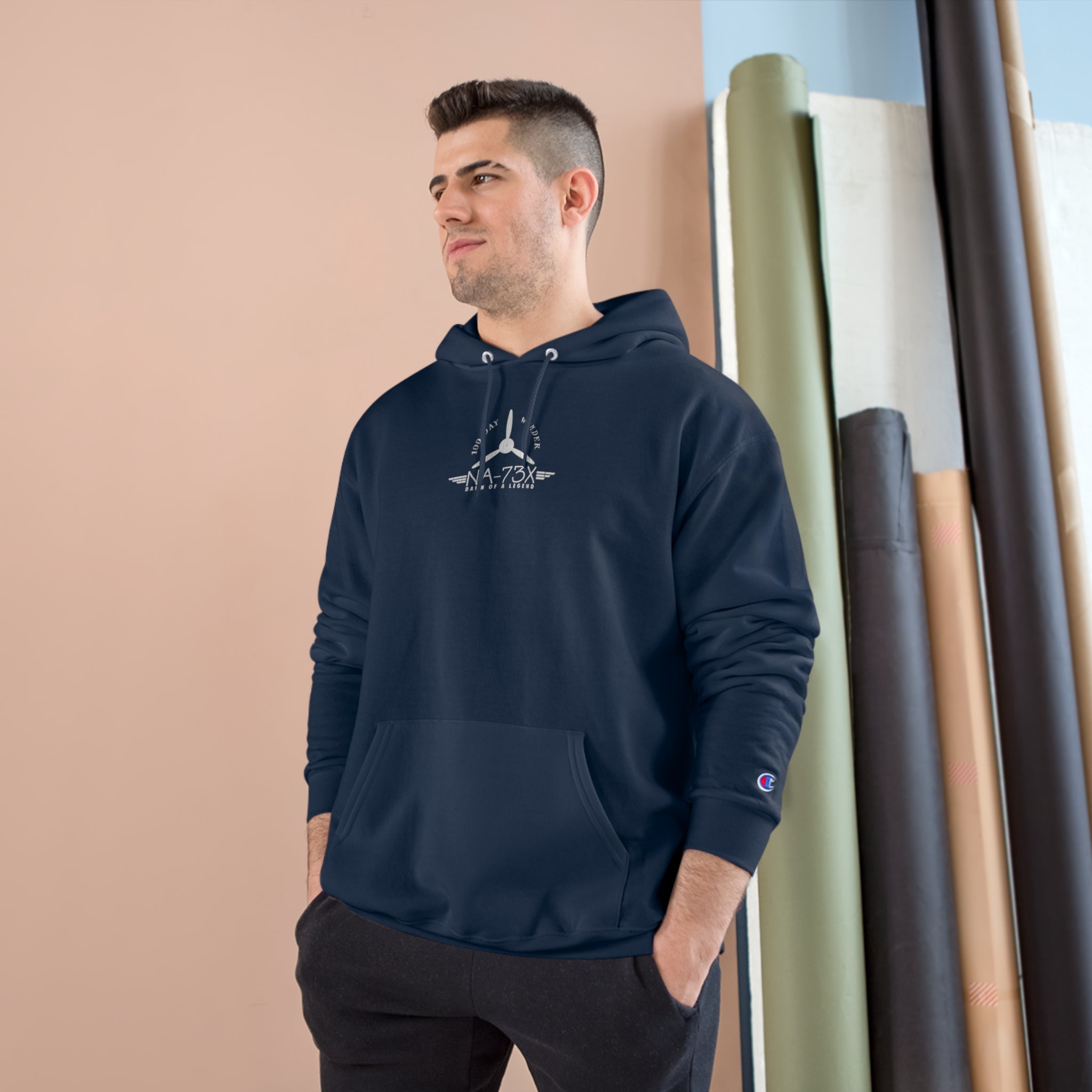 100 DAY WONDER CHAMPION HOODIE - S CENTER CHEST, LARGE BACK LOGO