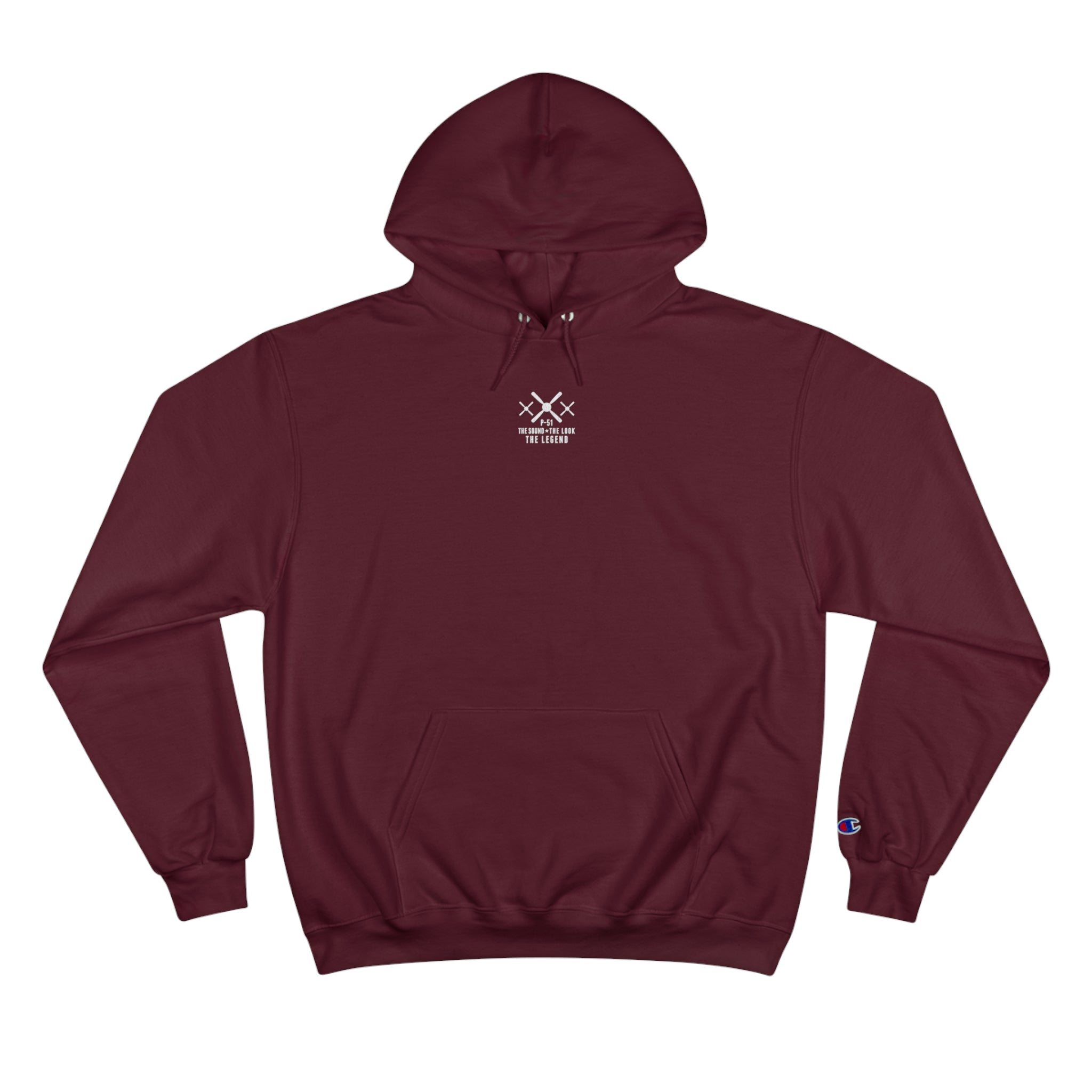 MUSTANG LEGEND CHAMPION HOODIE - S CENTER CHEST, LARGE BACK LOGO