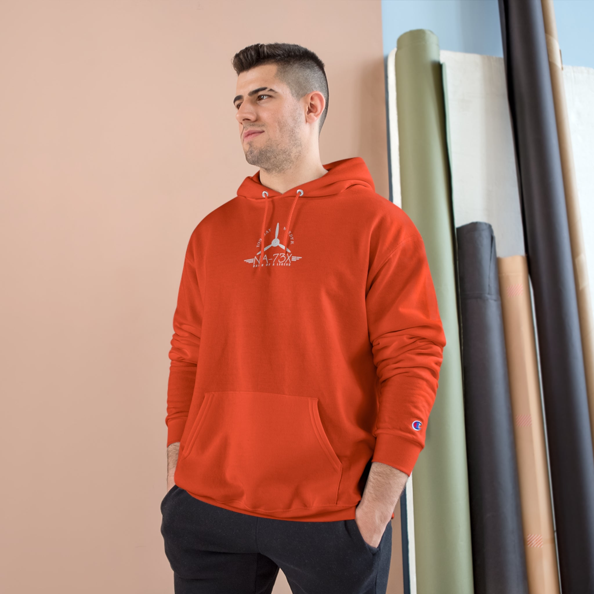 100 DAY WONDER CHAMPION HOODIE - S CENTER CHEST, LARGE BACK LOGO