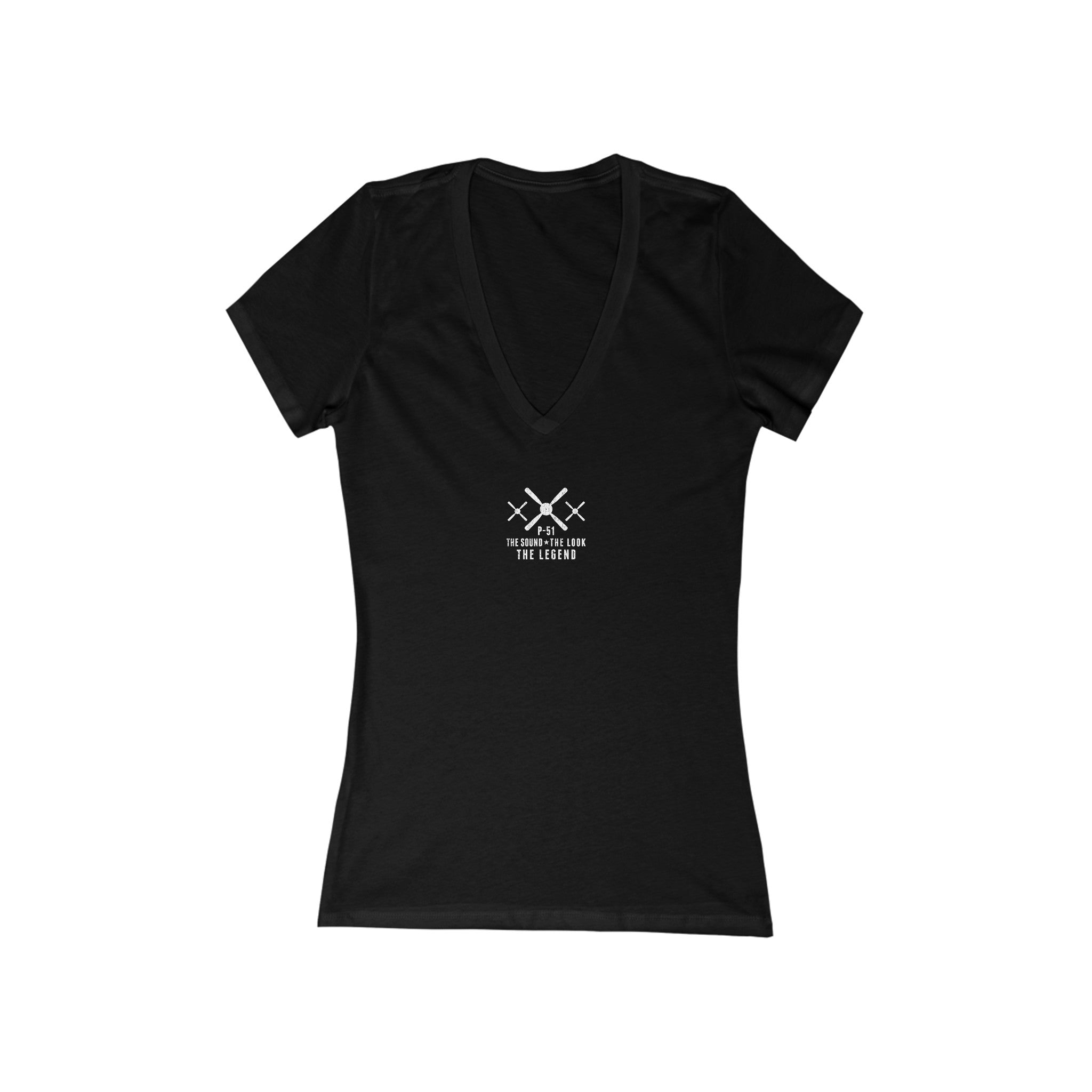 WOMEN'S P-51 LEGEND JERSEY SHORT SLEEVE DEEP V-NECK TEE - S CENTER CHEST, LARGE BACK IMAGE