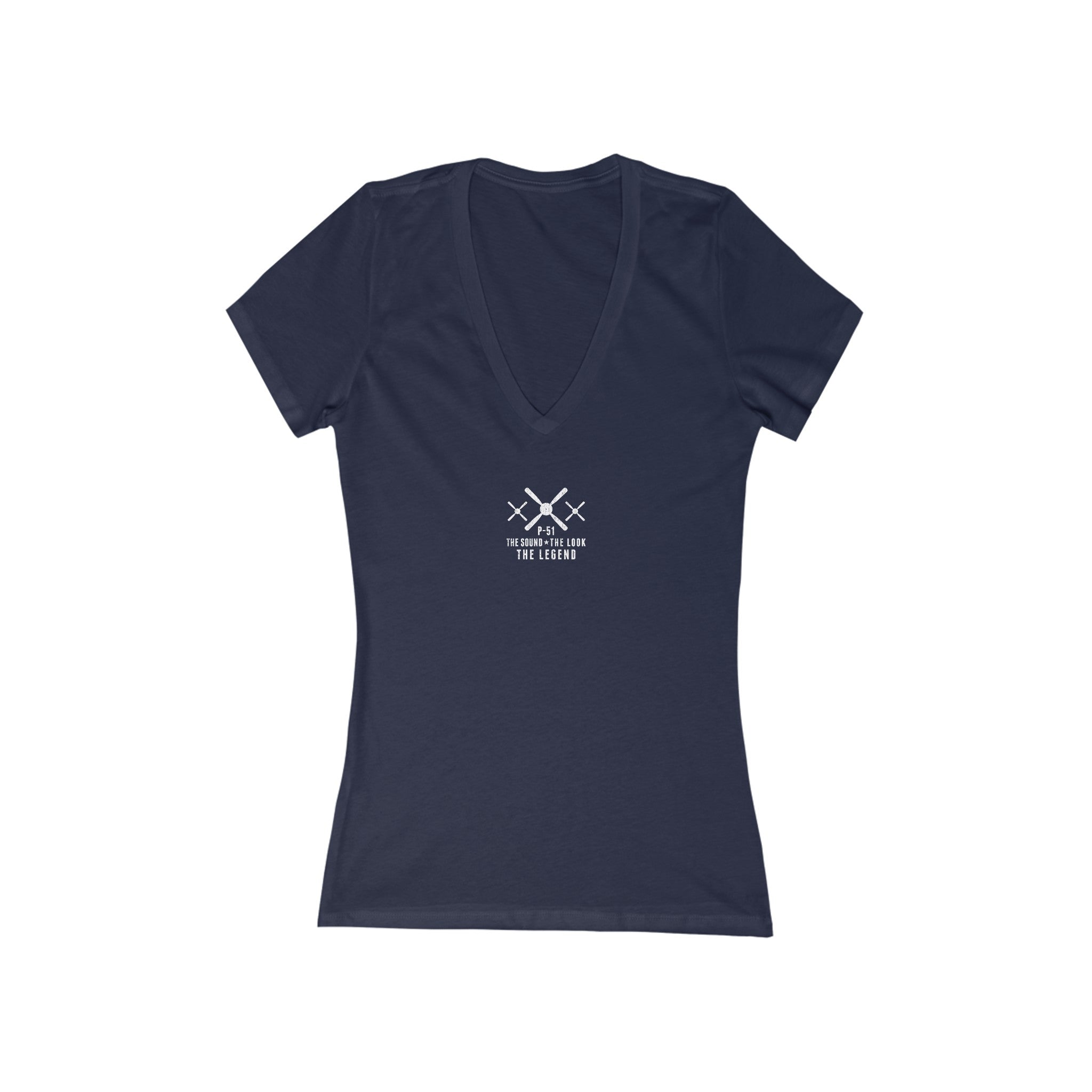 WOMEN'S P-51 LEGEND JERSEY SHORT SLEEVE DEEP V-NECK TEE - S CENTER CHEST, LARGE BACK IMAGE