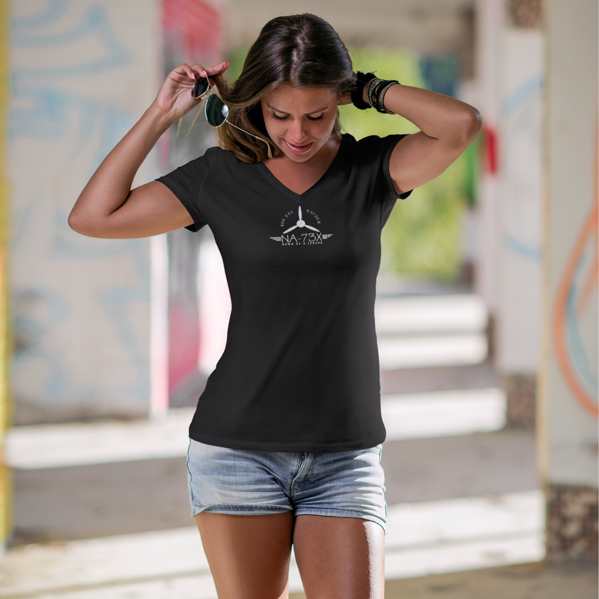 WOMEN'S 100 DAY WONDER JERSEY SHORT SLEEVE DEEP V-NECK TEE - S CENTER CHEST, LARGE BACK IMAGE