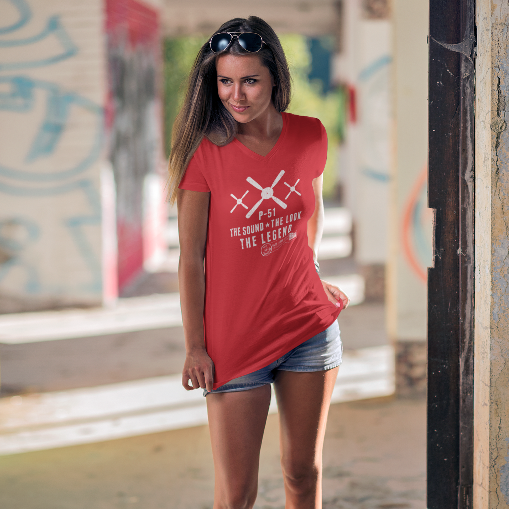 WOMEN'S P-51 LEGEND JERSEY SHORT SLEEVE DEEP V-NECK TEE - LARGE FRONT IMAGE