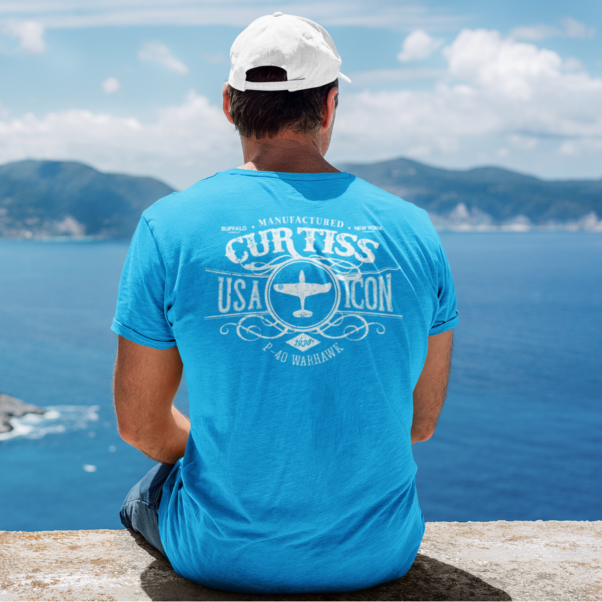 CURTISS USA ICON P-40 COTTON TEE - LEFT CHEST LOGO, LARGE BACK IMAGE
