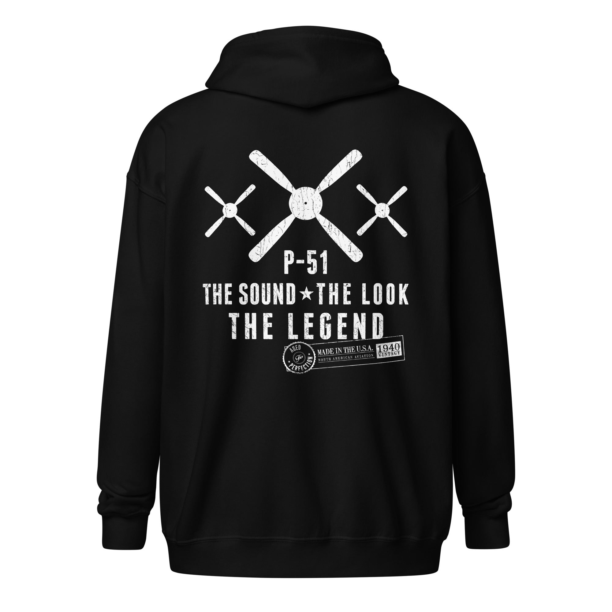 P-51 MUSTANG LEGEND HEAVY BLEND ZIP HOODIE - S LEFT CHEST, LARGE BACK IMAGE