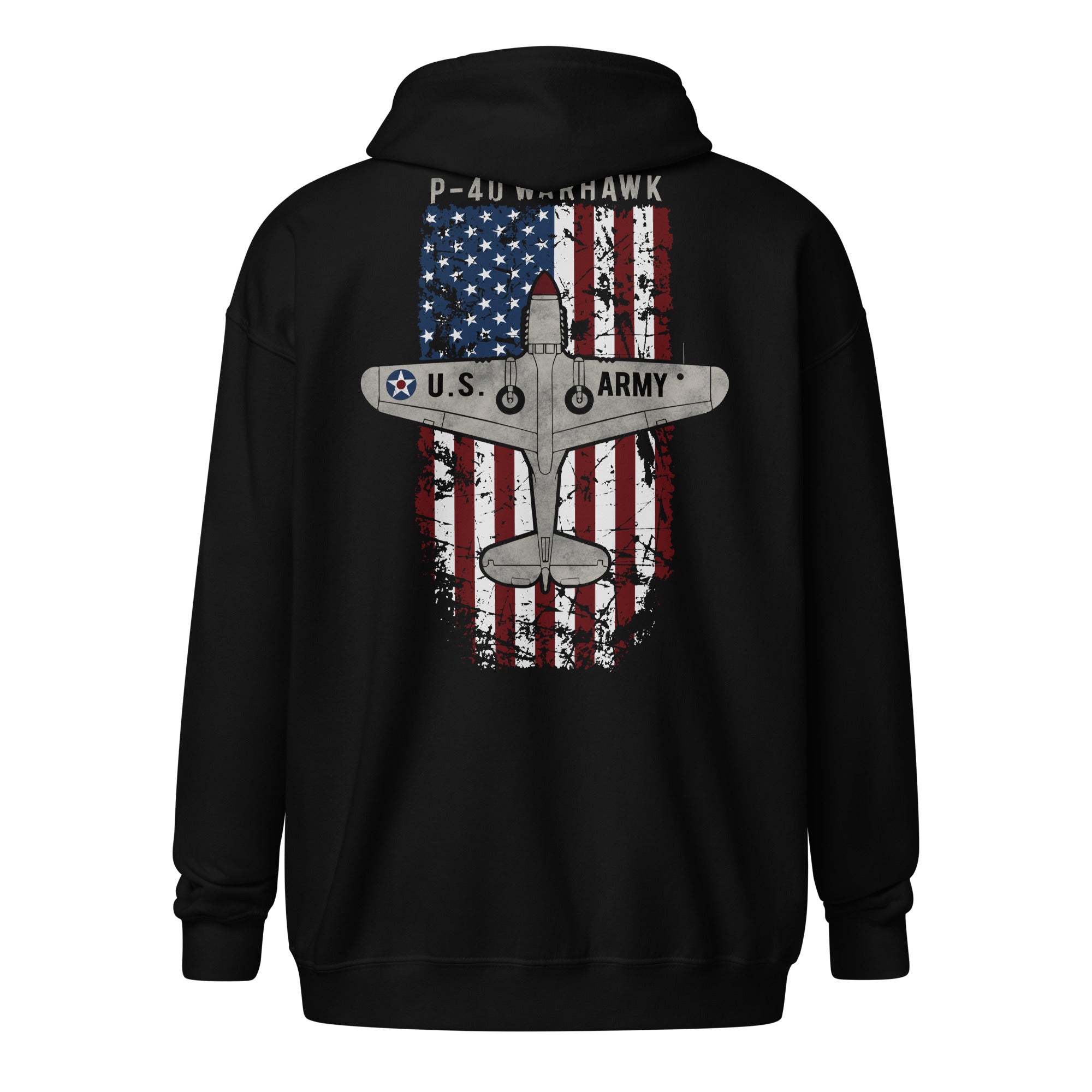 AMERICAN ICON P-40 HEAVY BLEND ZIP HOODIE - LEFT VERTICAL CHEST, LARGE BACK IMAGE
