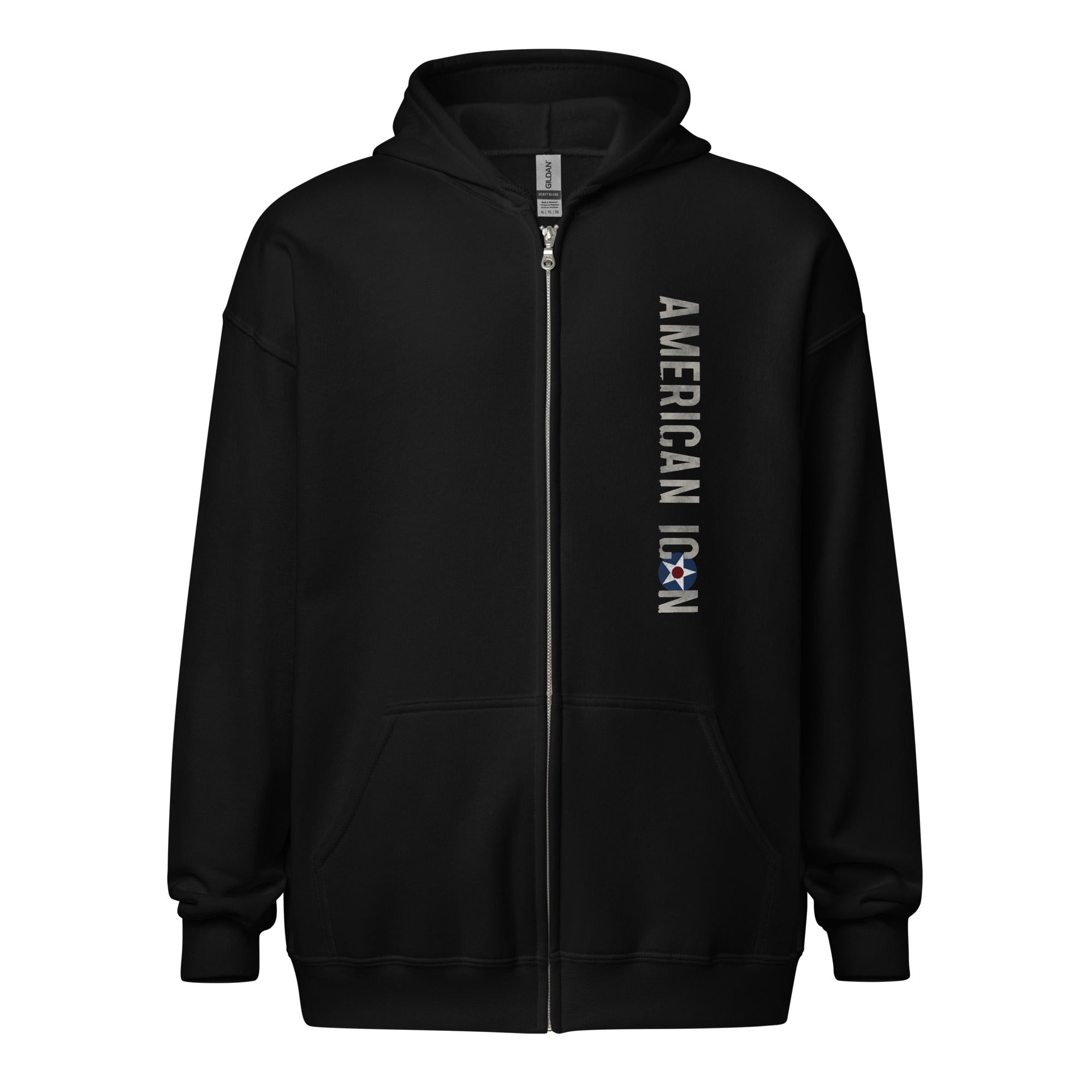 AMERICAN ICON P-40 HEAVY BLEND ZIP HOODIE - LEFT VERTICAL CHEST, LARGE BACK IMAGE