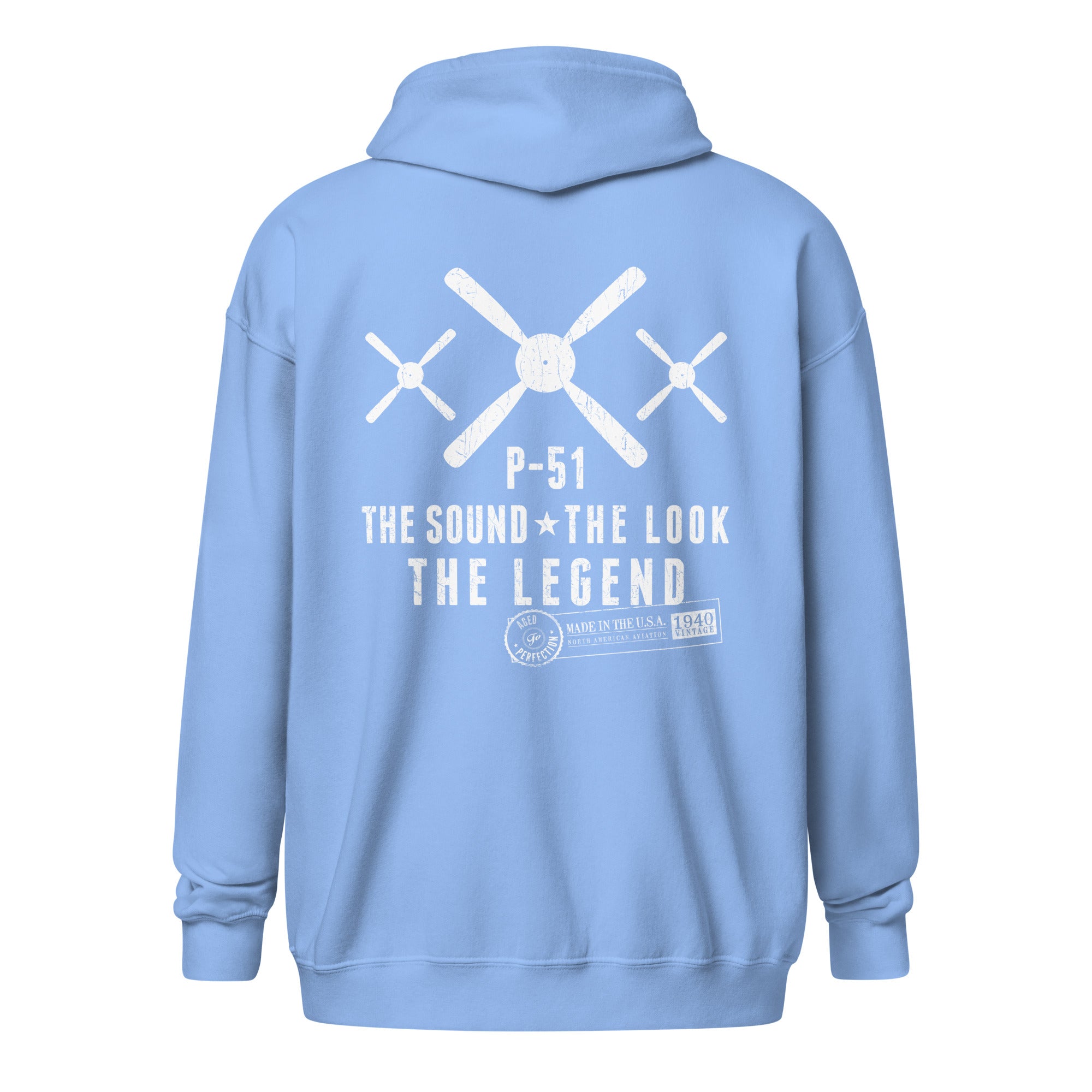 P-51 MUSTANG LEGEND HEAVY BLEND ZIP HOODIE - S LEFT CHEST, LARGE BACK IMAGE
