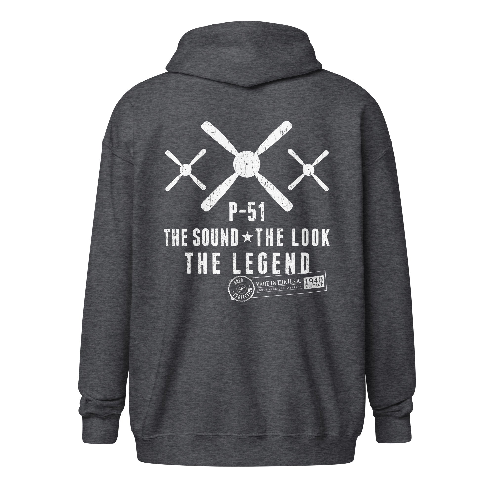 P-51 MUSTANG LEGEND HEAVY BLEND ZIP HOODIE - S LEFT CHEST, LARGE BACK IMAGE