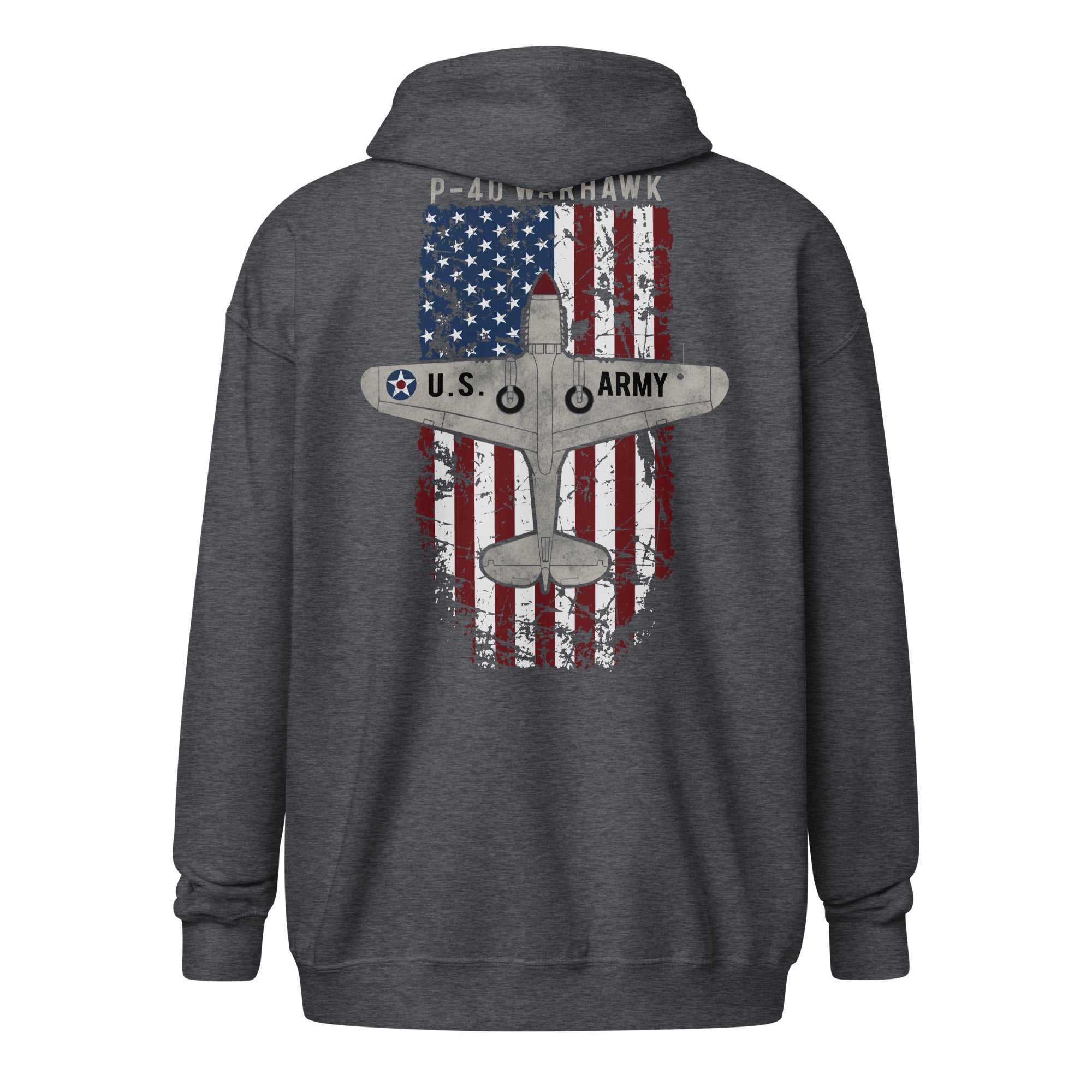 AMERICAN ICON P-40 HEAVY BLEND ZIP HOODIE - LEFT VERTICAL CHEST, LARGE BACK IMAGE