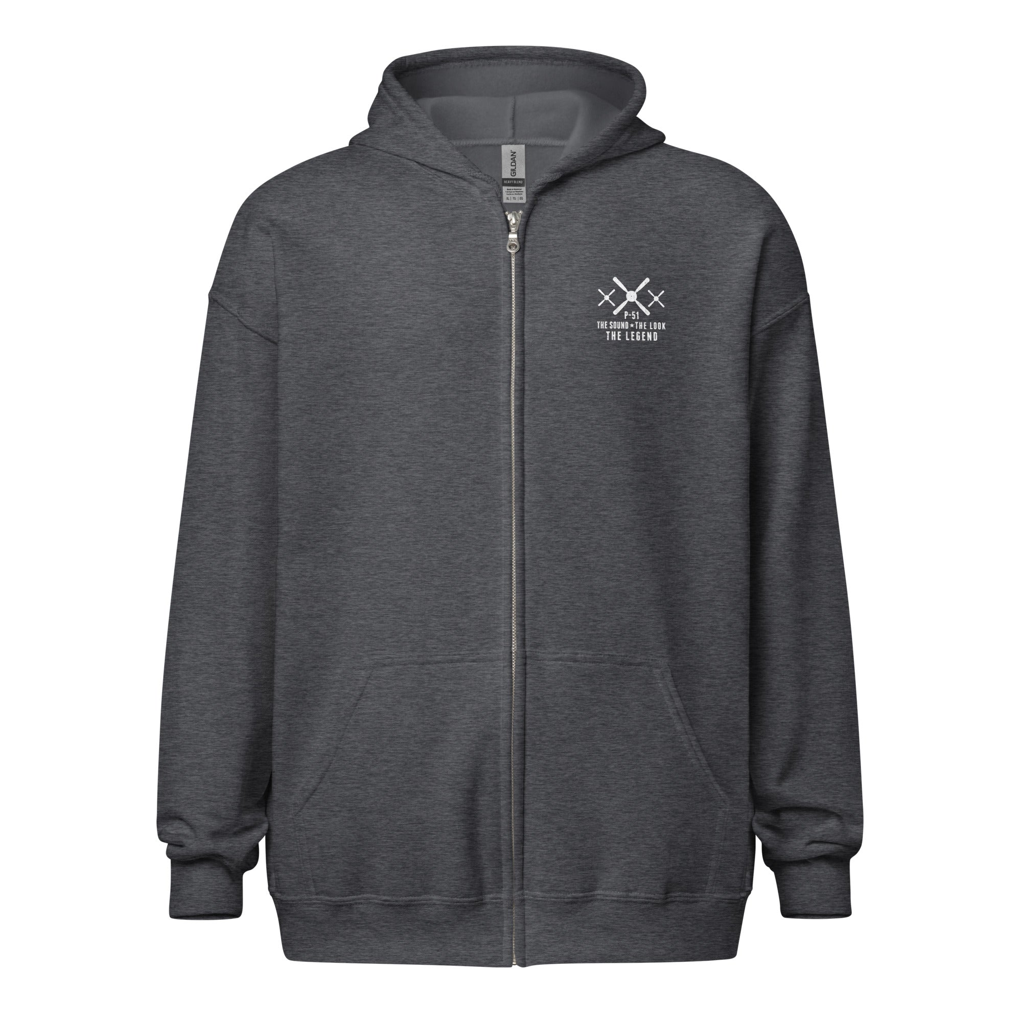 P-51 MUSTANG LEGEND HEAVY BLEND ZIP HOODIE - S LEFT CHEST, LARGE BACK IMAGE
