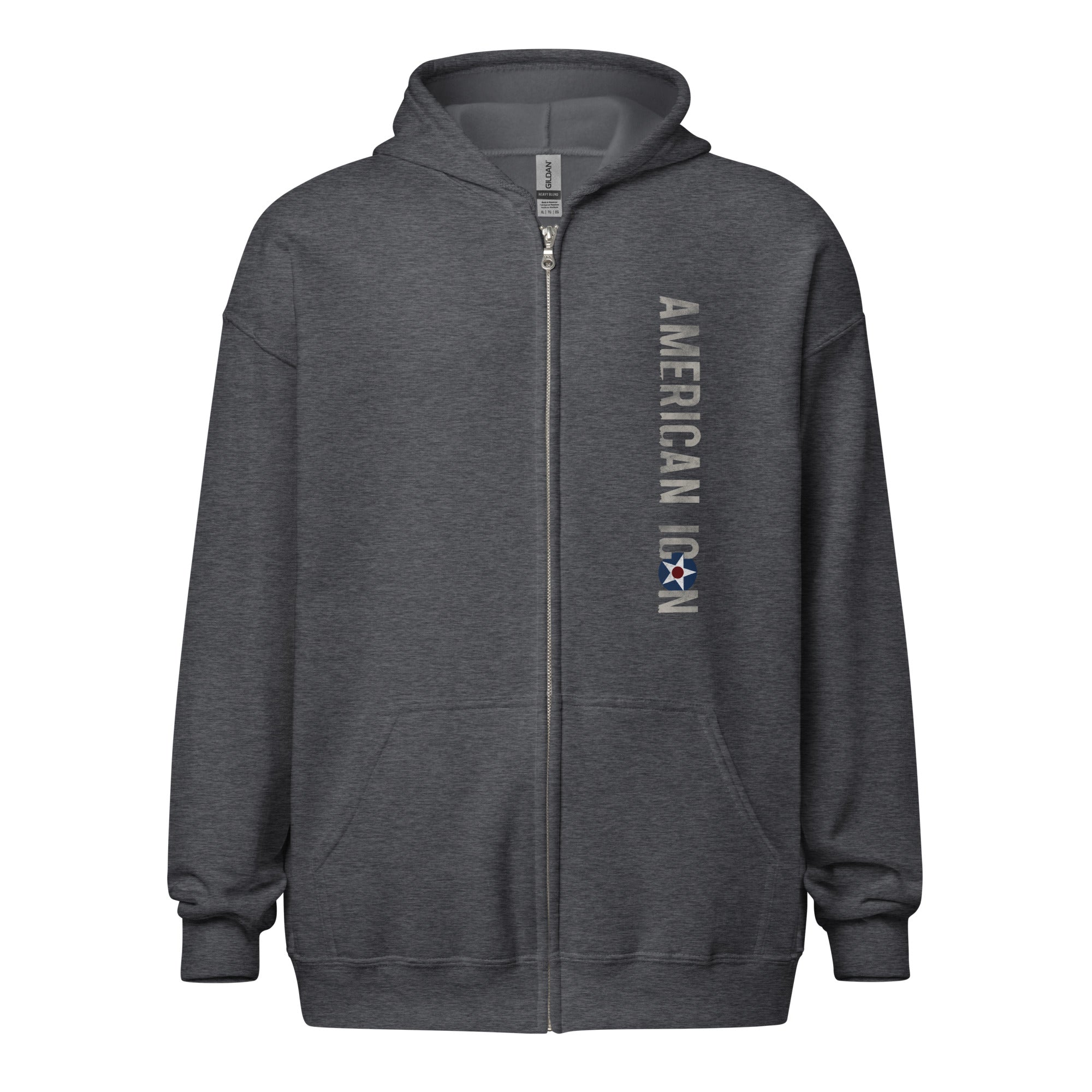 AMERICAN ICON P-40 HEAVY BLEND ZIP HOODIE - LEFT VERTICAL CHEST, LARGE BACK IMAGE