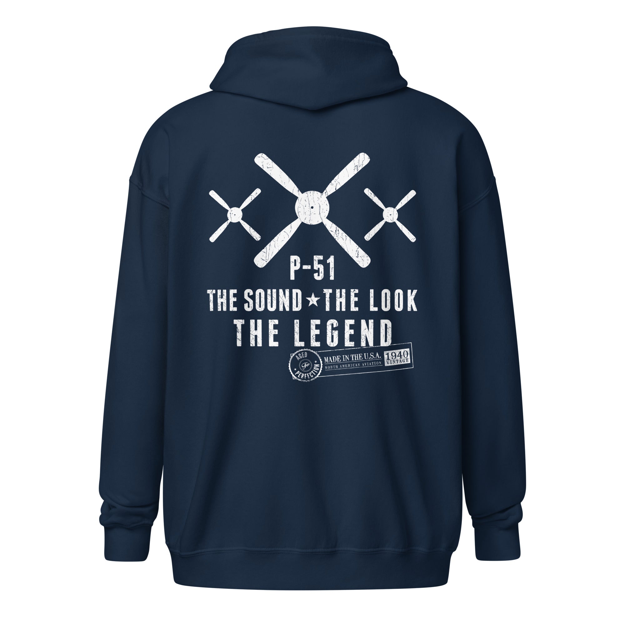 P-51 MUSTANG LEGEND HEAVY BLEND ZIP HOODIE - S LEFT CHEST, LARGE BACK IMAGE