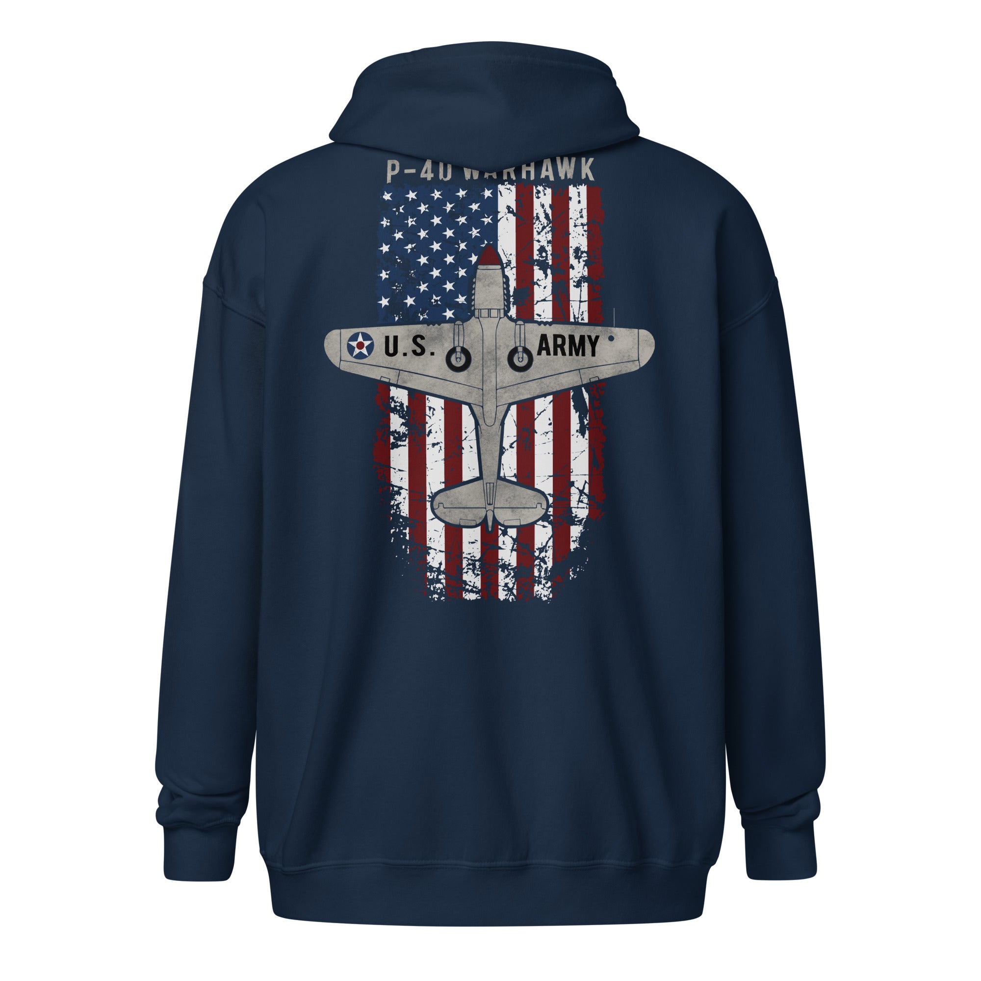 AMERICAN ICON P-40 HEAVY BLEND ZIP HOODIE - LEFT VERTICAL CHEST, LARGE BACK IMAGE