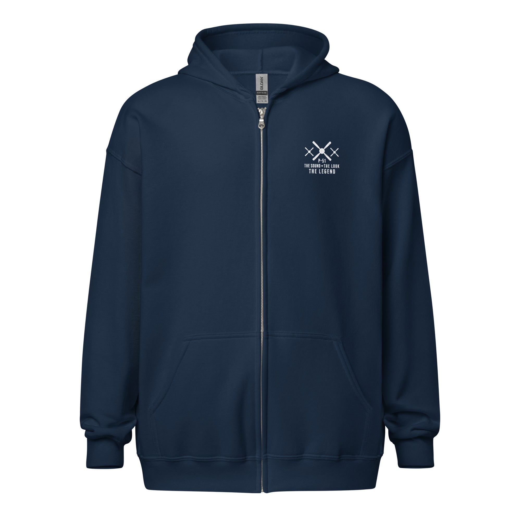 P-51 MUSTANG LEGEND HEAVY BLEND ZIP HOODIE - S LEFT CHEST, LARGE BACK IMAGE