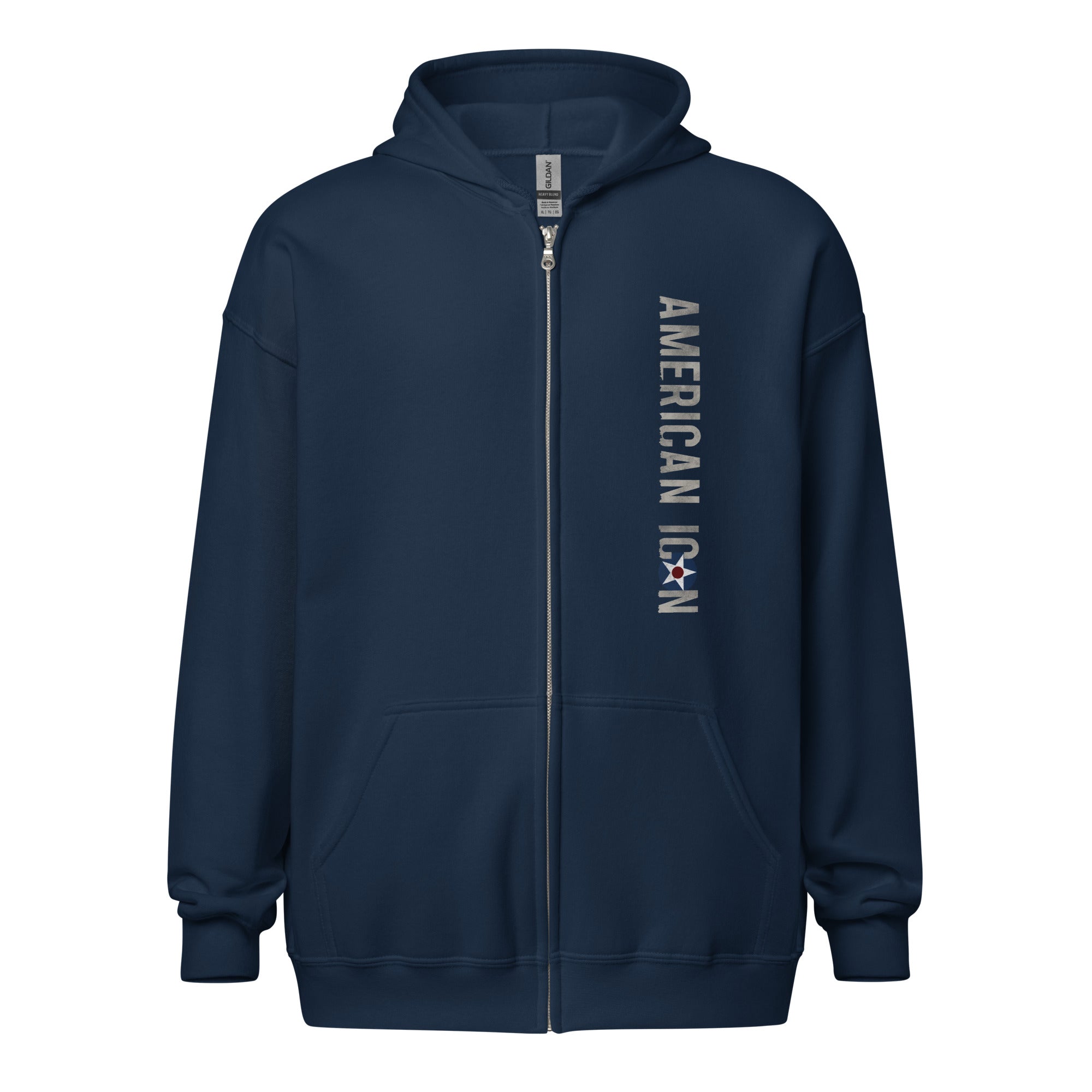 AMERICAN ICON P-40 HEAVY BLEND ZIP HOODIE - LEFT VERTICAL CHEST, LARGE BACK IMAGE