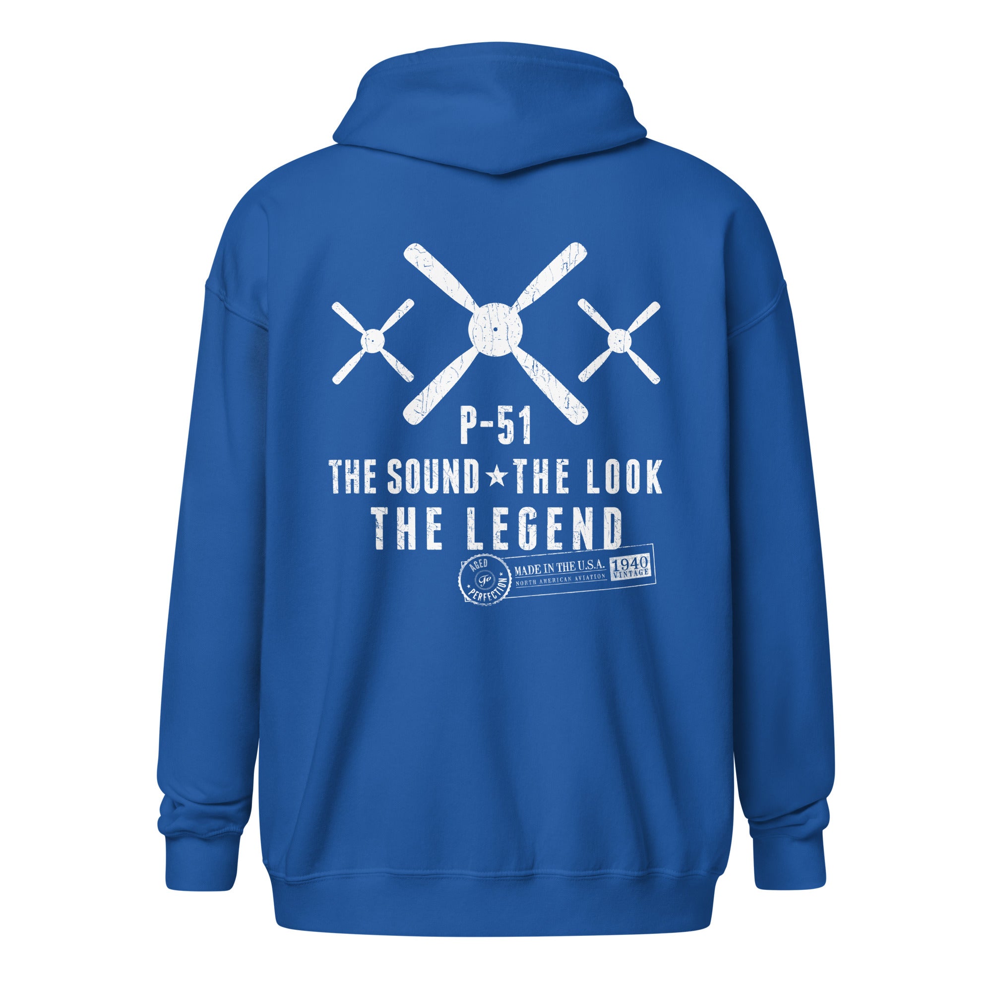 P-51 MUSTANG LEGEND HEAVY BLEND ZIP HOODIE - S LEFT CHEST, LARGE BACK IMAGE