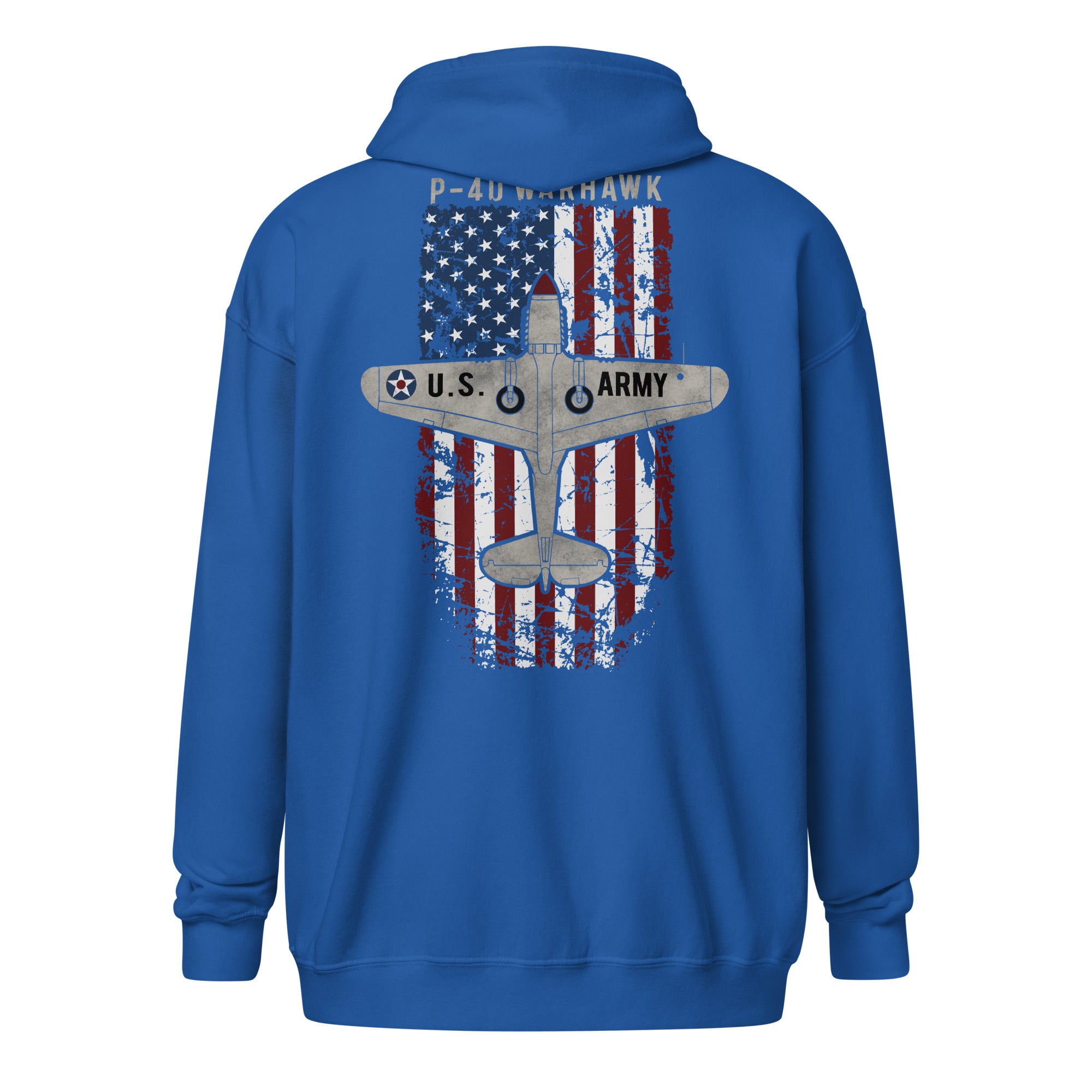 AMERICAN ICON P-40 HEAVY BLEND ZIP HOODIE - LEFT VERTICAL CHEST, LARGE BACK IMAGE